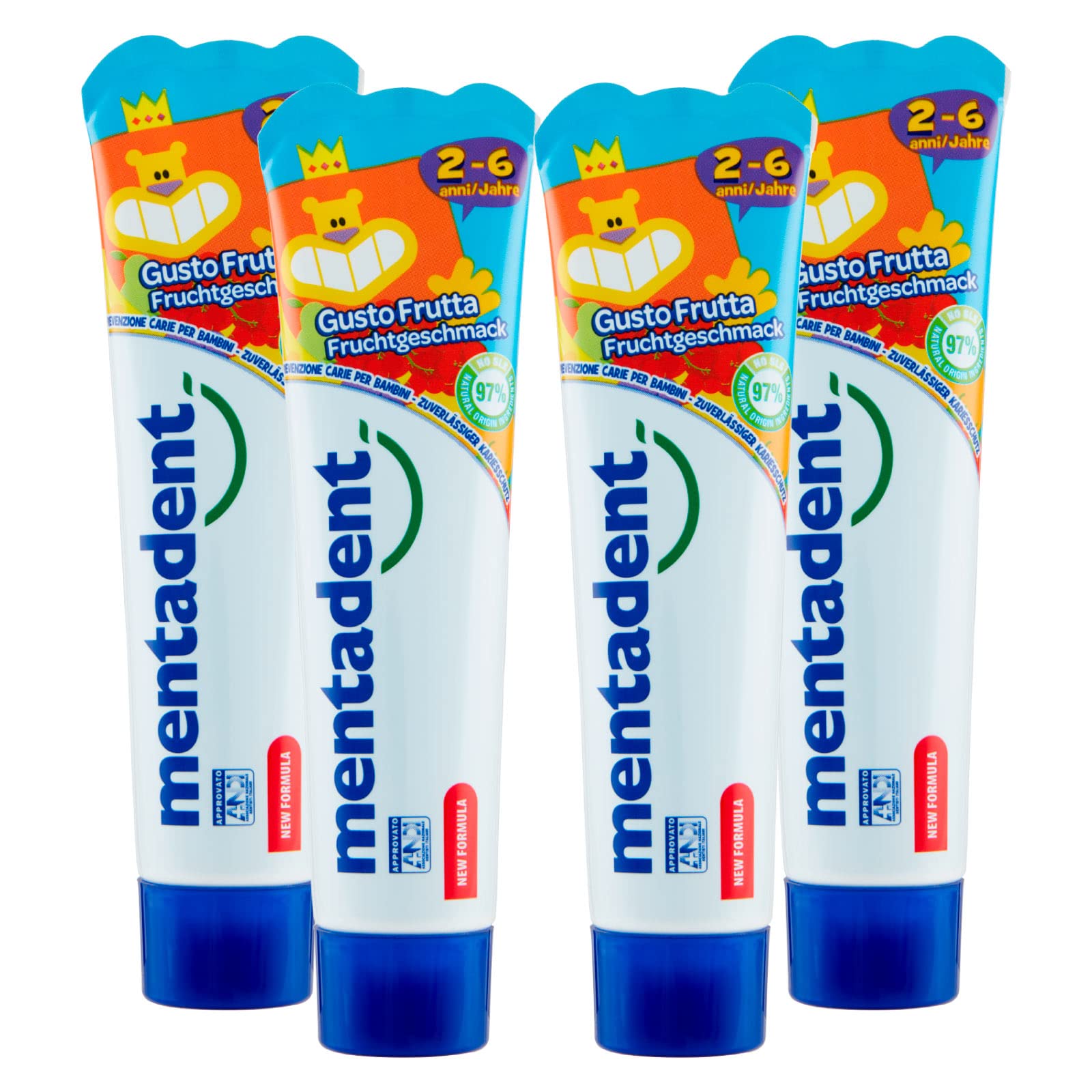 4x Mentadent Dentifricio Kids 2-6 Anni Gusto Frutta per Bambini - 4 Flaconi da 50 ml ognuno