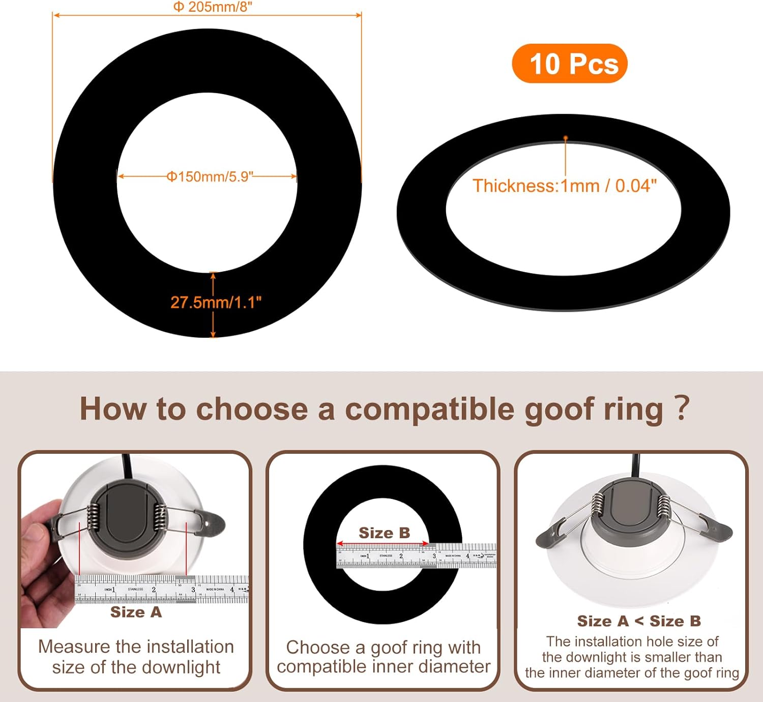 Black Goof Trim Ring for 5 Inch Recessed Cans Downlights for Ceiling Light Fixtures, 10 Pack 5.9-Inch Inner Diameter, 8-Inch Outer Diameter, Steel Construction