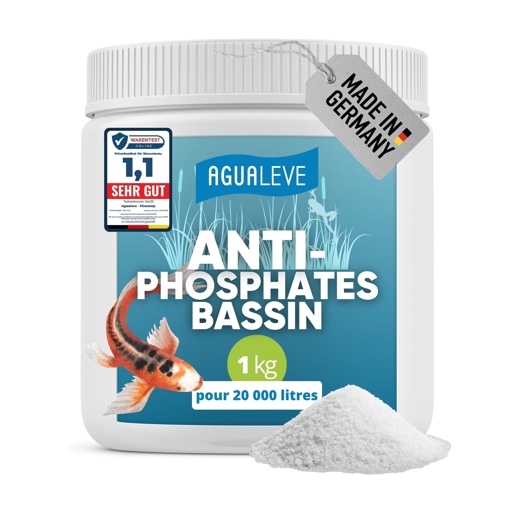 AGUALEVE® Phosstop 1 kg | lie phosphates après la lutte contre les algues et empêche ainsi la formation de nouvelles algues | pour bassins à poissons et baignade | Fabriqué en Allemagne | pour 20000 l
