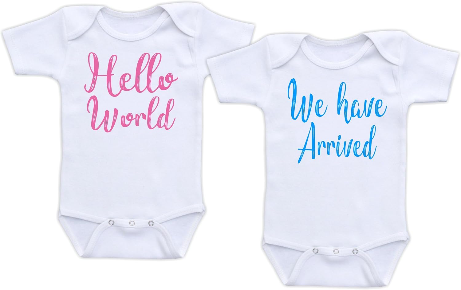 Hello World We Have Arrived - Twin Birth Reveal Outfit (Short Sleeve Cotton Bodysuit Set)