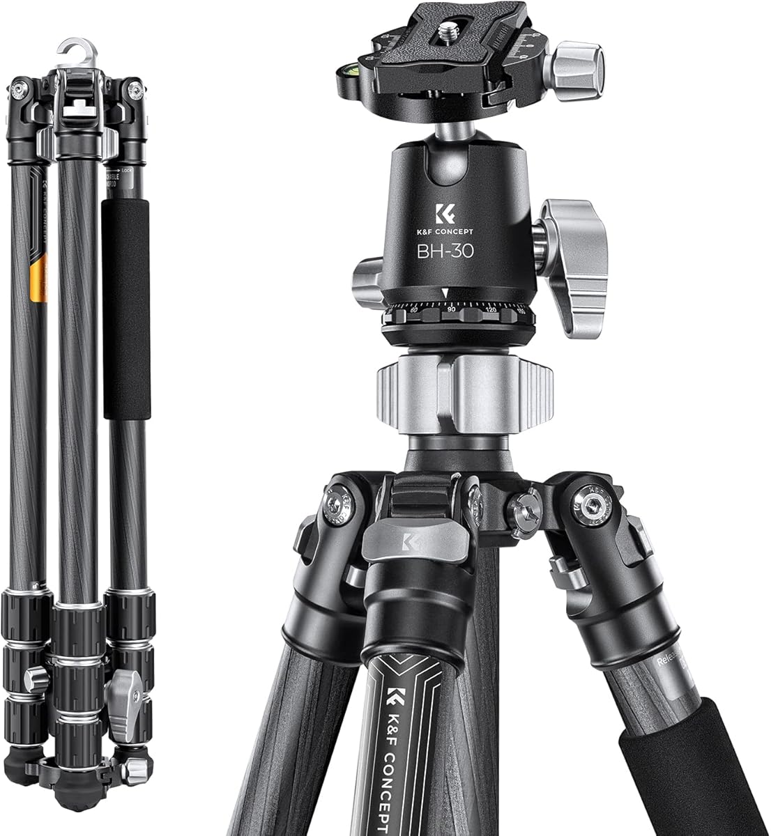 K&F CONCEPT X-Series Carbon Stativ, 172cm Kamera Stativ, Professionelles Fotostativ mit 30mm Metallkugelkopf, Tragfähigkeit 12KG,Tripod für Innen- und Außen-Fotographie X254C4+BH-30