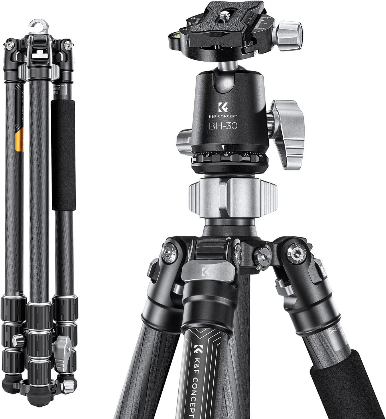 K&F CONCEPT X-Series 68" Carbon Fiber Camera Tripod,Professional Photography Tripod with 30mm Metal Ball Head Load Capacity 26.4lbs for Indoor Outdoor Use X254C4+BH-30