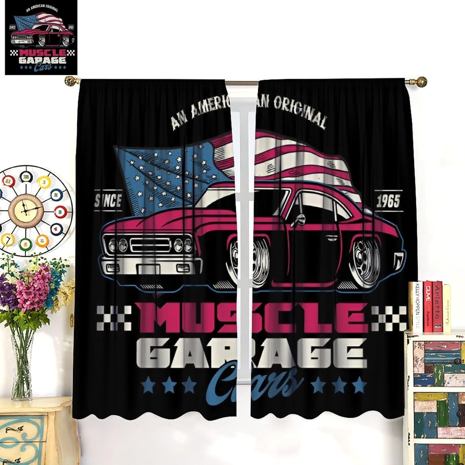 Vintage Car Curtains, Retro1960s American Flag Muscle Garage Gas Rod Pocket Window Treatments for Bedroom Living Room, 42" W X 63" L