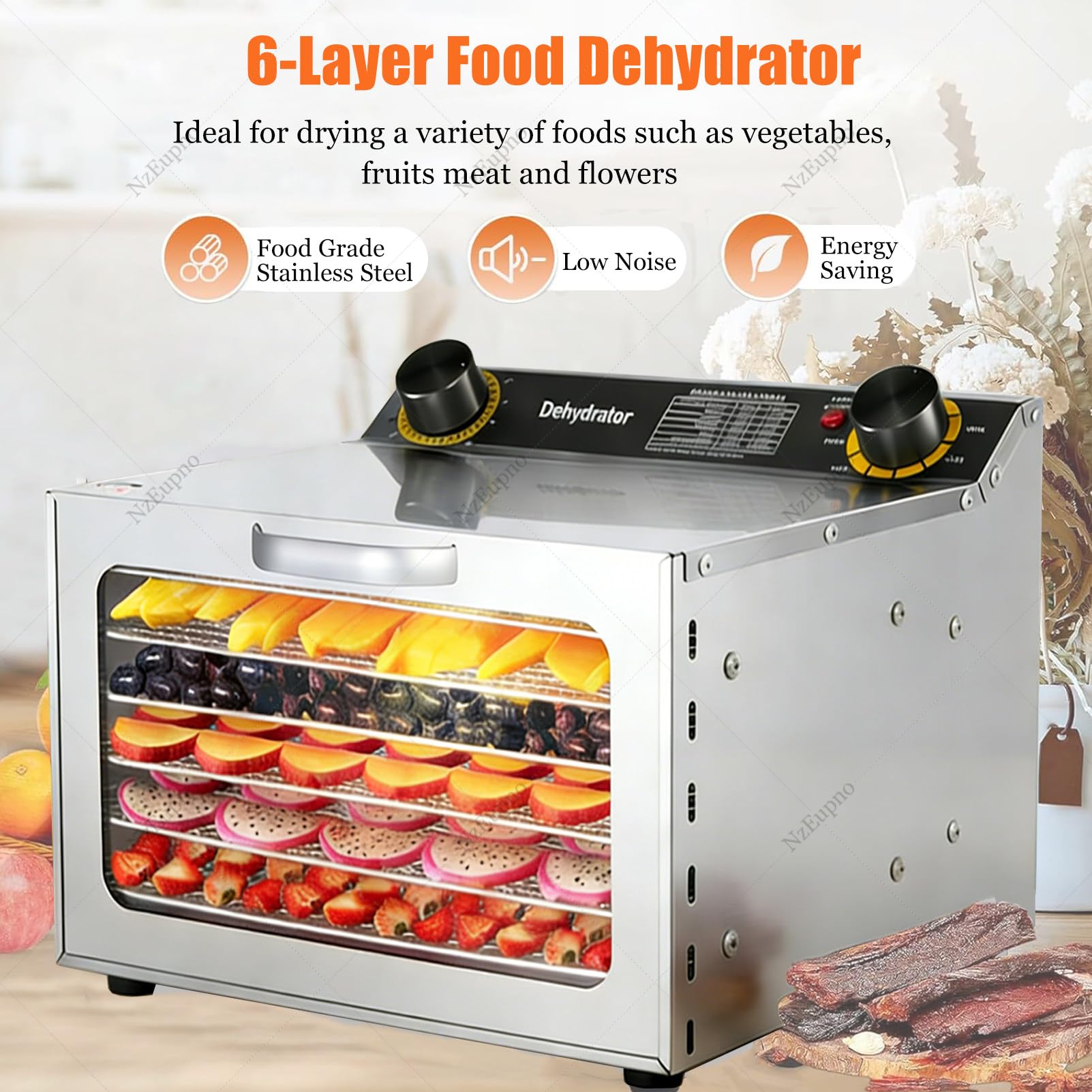 Essiccatore Alimentare Commerciale, Essiccatore per Carne E Frutta Secca in Acciaio Inox, Cottura A 360 Gradi, Doppia Fila di Prese d'Aria, Armadio di Essiccazione con Visualizzazione 6Layer