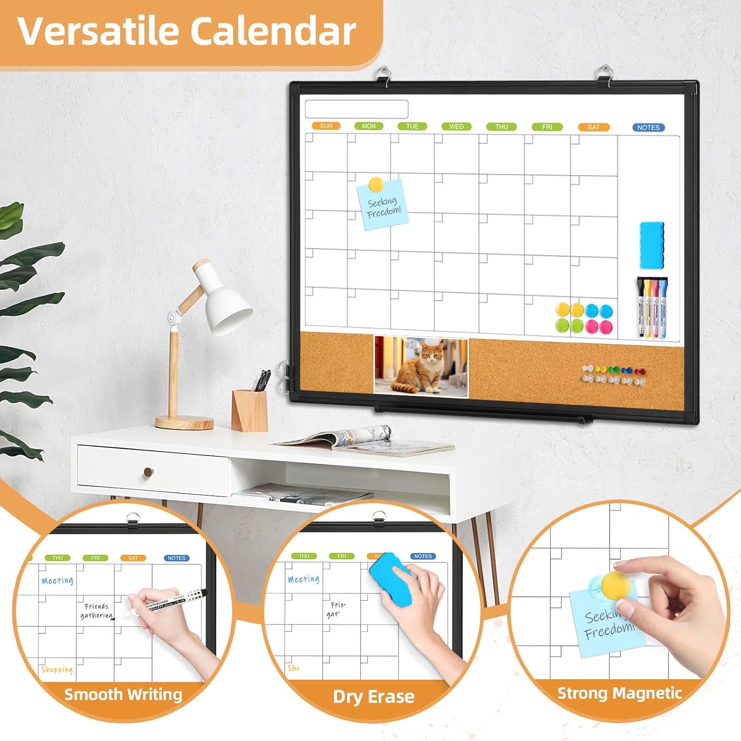 Dry Erase Calendar Whiteboard for Wall, WALGLASS 36" x 24" Double-Sided Monthly Calendar White Board Cork Combo, Black Aluminum Frame Hanging Wall Mounted Bulletin Corkboards for Home, Office, School