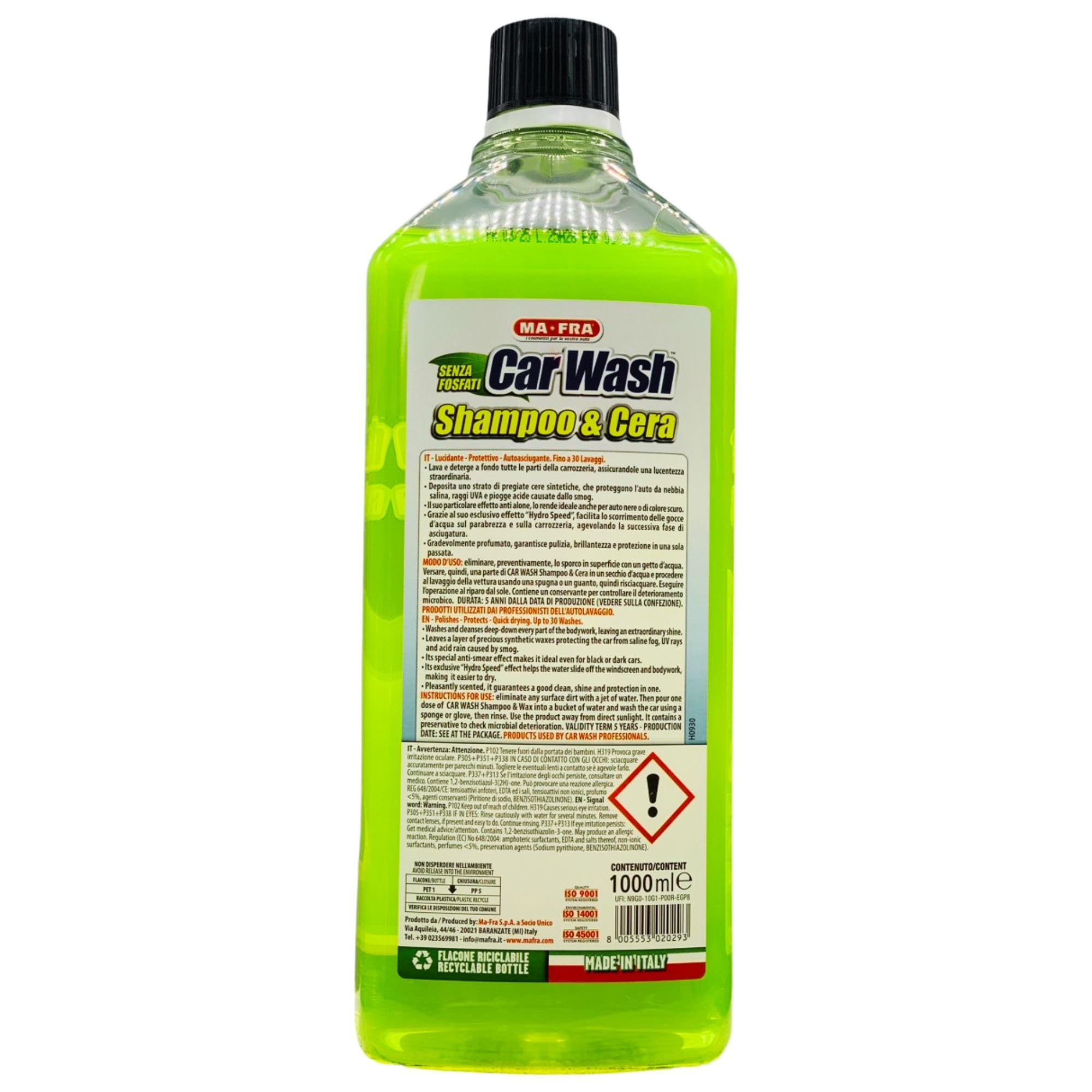 2x Shampoo e Cera Auto CAR WASH. Lucidante, Protettivo, Autoasciugante. Fino a 30 Lavaggi 1000ml