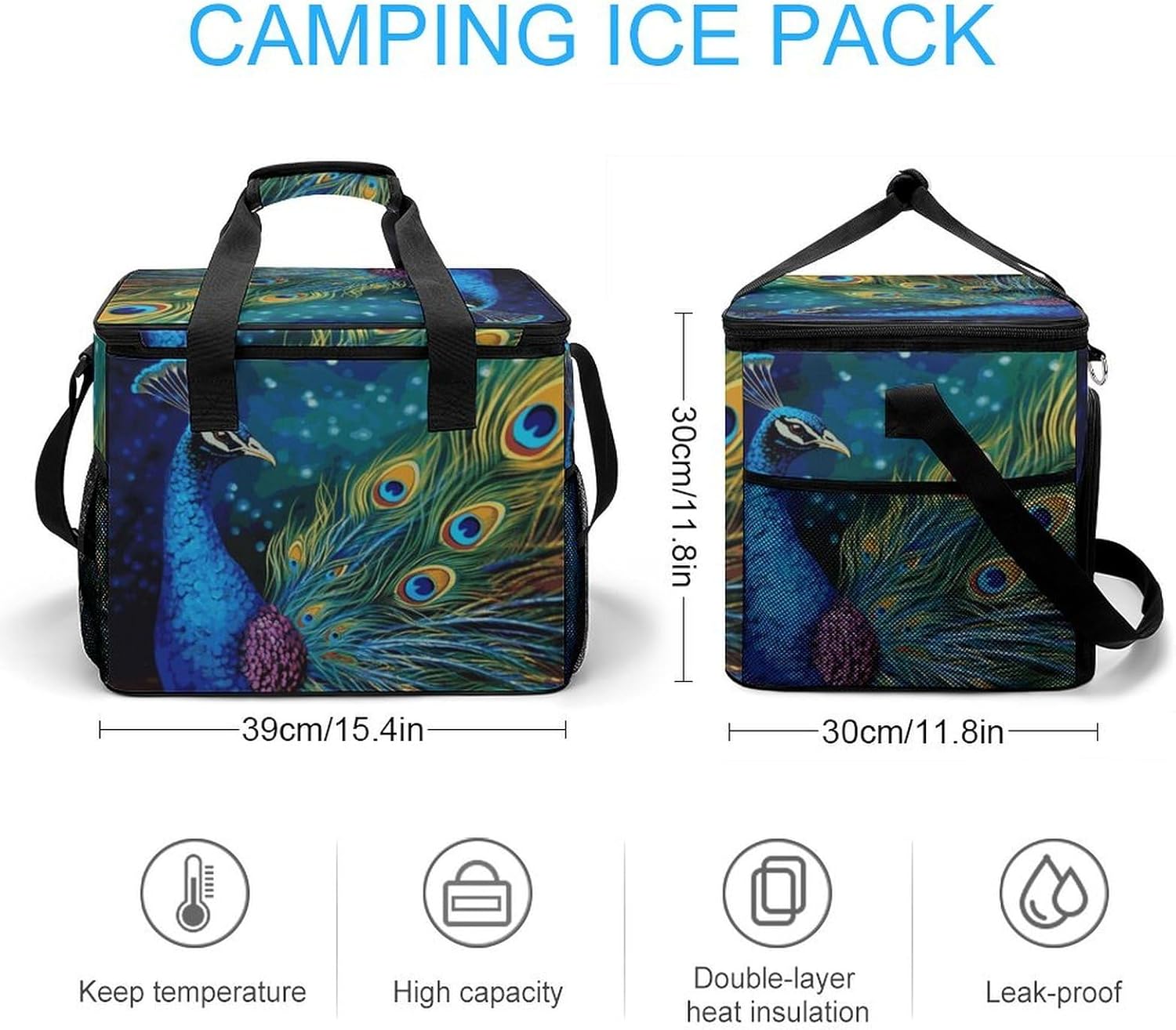 Insulated Picnic Backpack Tote Bag, Large Capacity 30L Colored Peacock Cooler Bag Leakproof Beach Bags Portable Lunch Box Waterproof Picnic Basket for Beach Camping BBQ