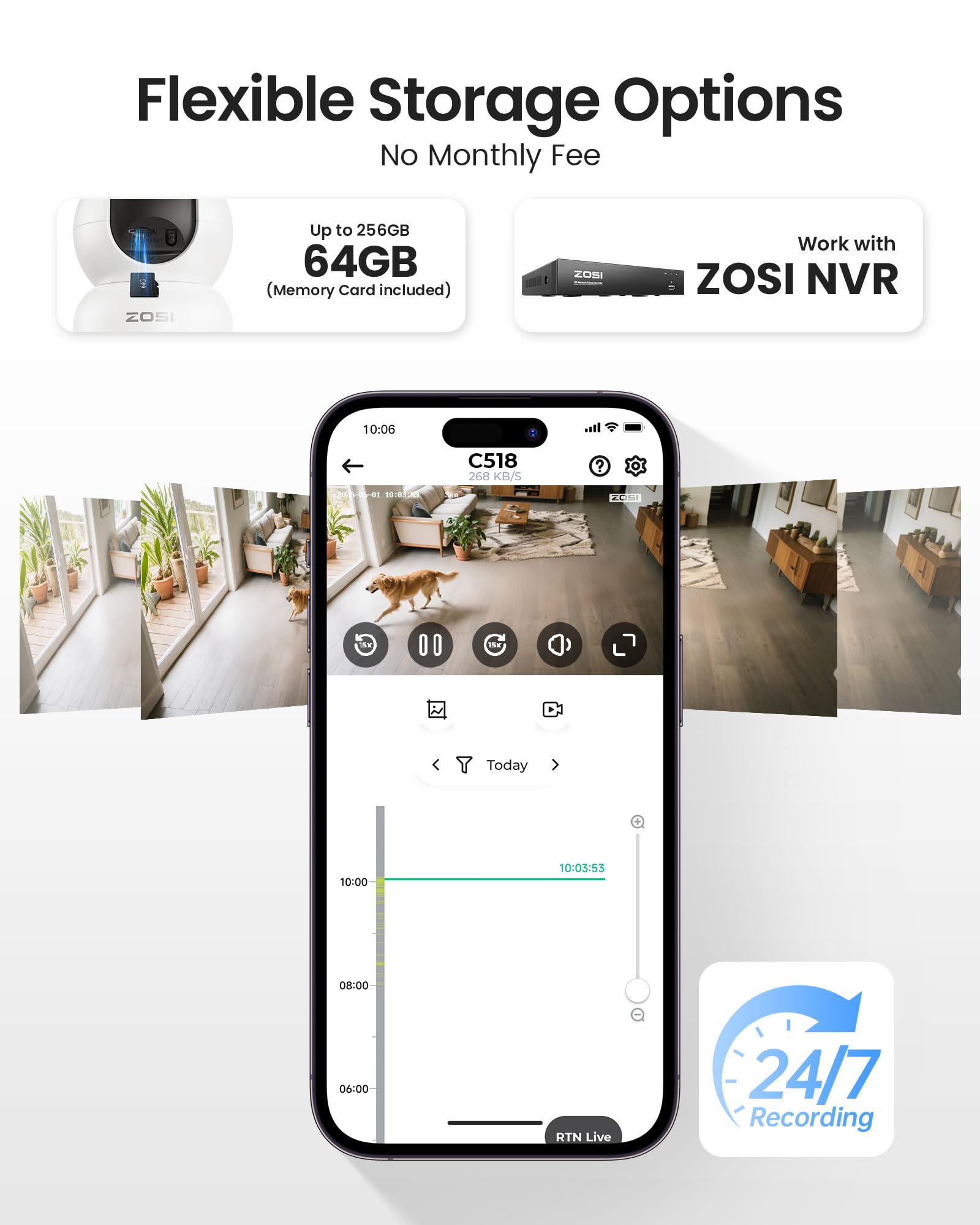 ZOSI Pack de 2 Cámara Vigilancia Seguridad WiFi Interior 8MP para Bebé/Mascota, Detección y Seguimiento de Movimiento, 360° Vista, Audio Bidireccional, 2.4G/5G WiFi, 64GB Tarjeta Incluida, 4K C518