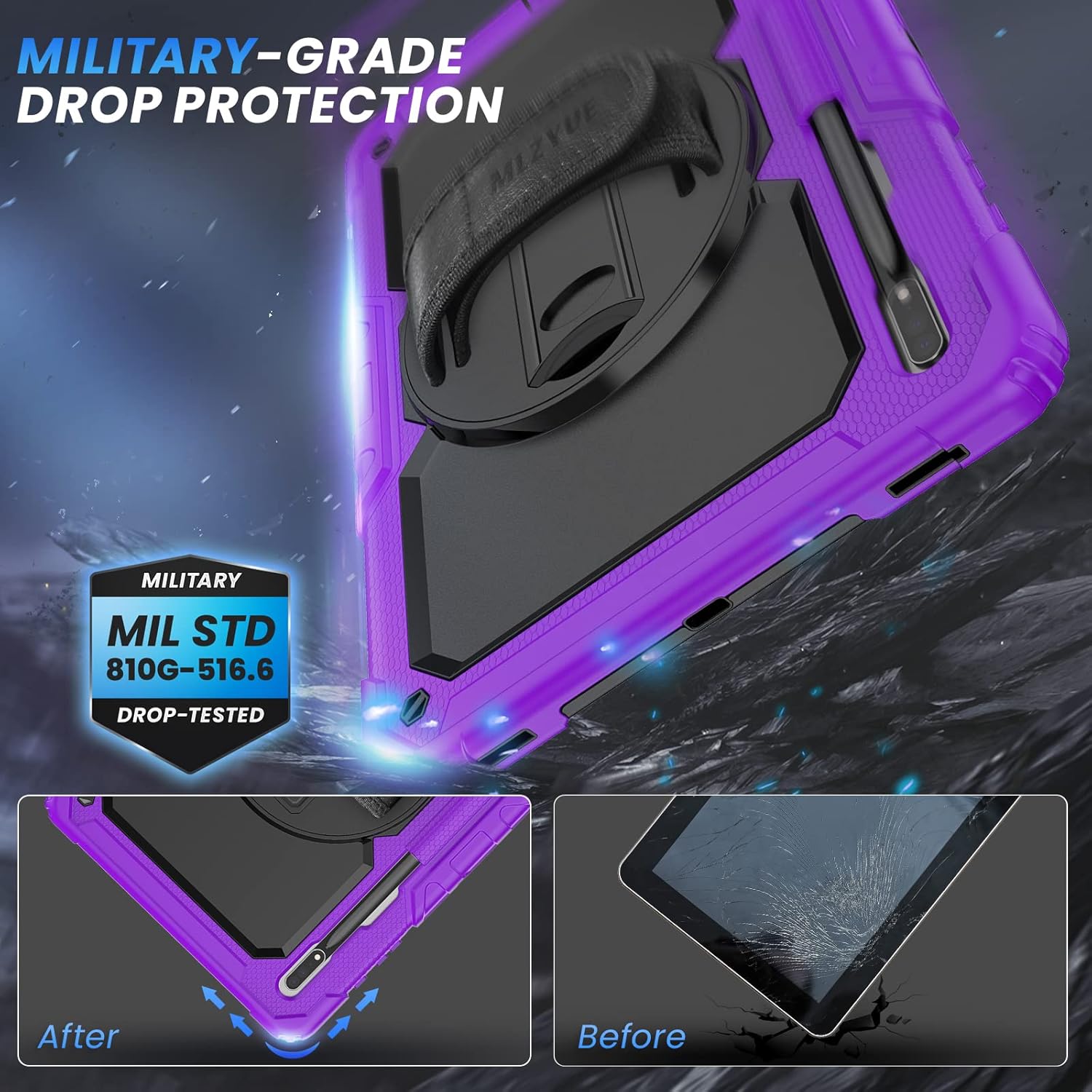 Case for Samsung Galaxy Tab S8 Ultra/S9 Ultra 14.6'', 3-Layer Rugged Military Grade Shockproof Case for Tab S8 Ultra/S9 Ultra with 360° Swivel Handle, S-Pen Holder, Shoulder Strap, Purple