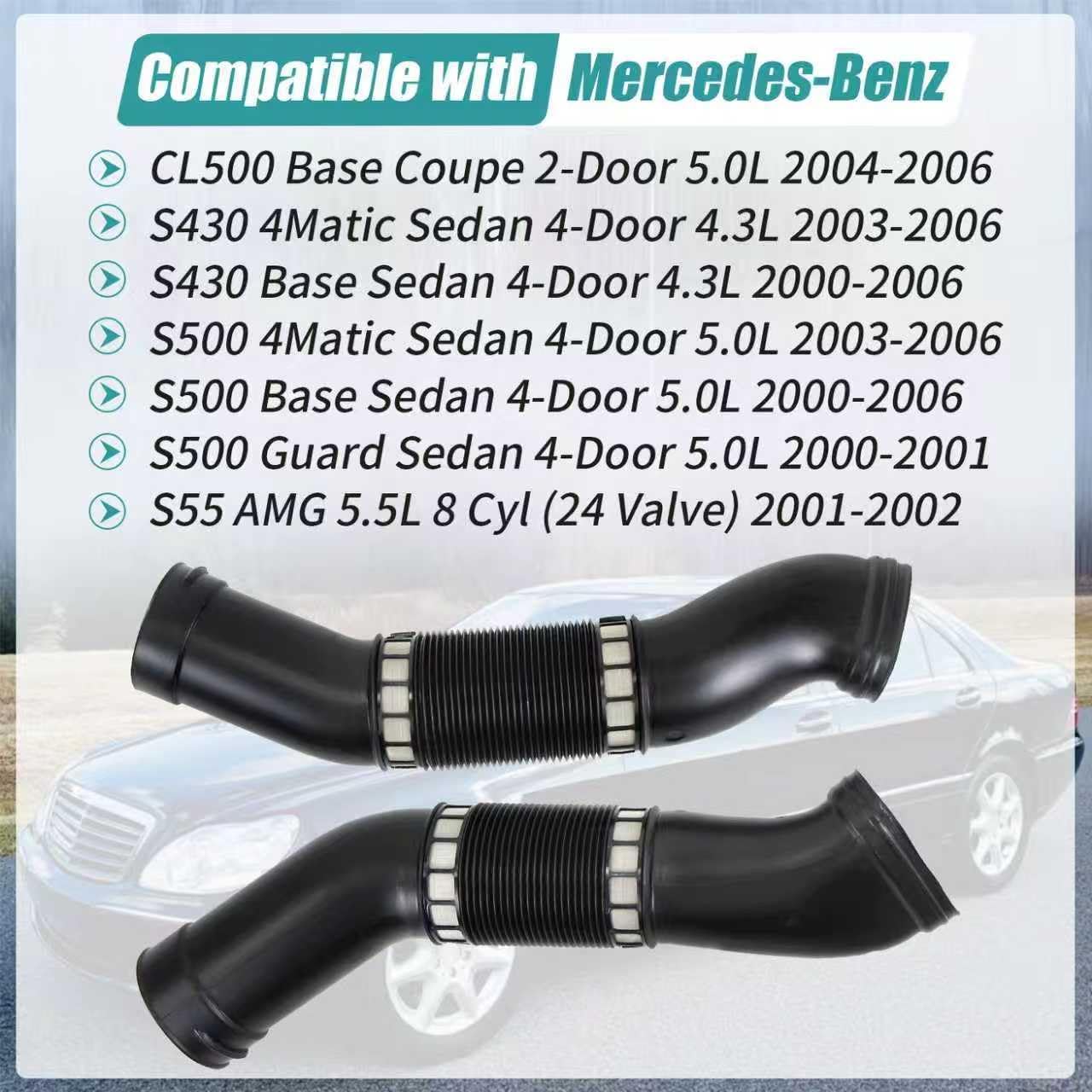 COOL STAR Front Left and Right Side Air Intake Pipe Compatible with Mercedes Benz S55 AMG S430 S500 CL500 2000-2006 Replaces 1130942682 1130942782 Vacuum Tee Connectors Air Intake Hose