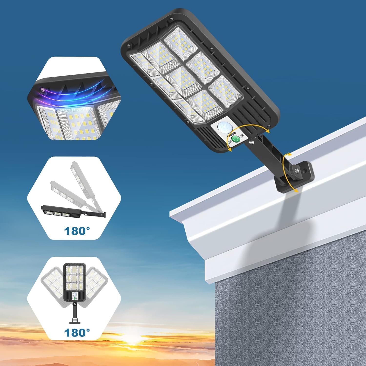 Diagram showing 180-degree adjustable solar light