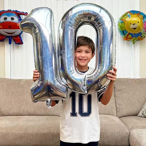 Miniatura 6 de Globos láser plateados con el número 10 de 40 pulgadas, globos gigantes de papel de aluminio de Mylar para 10 cumpleaños, aniversario, eventos,