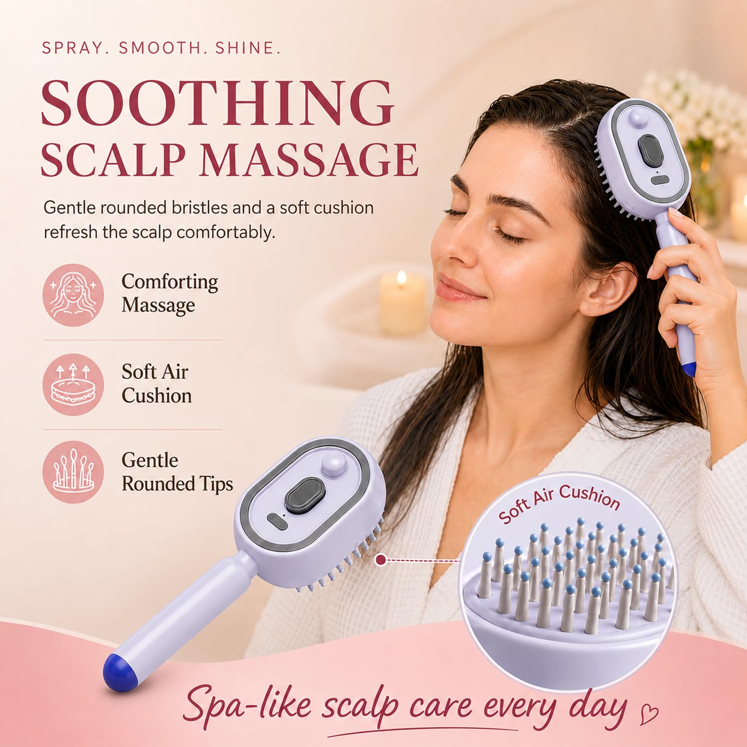 Electric Spray Air Cushion Massage Comb, Self-Cleaning Anti-Tangle Electric Spray Air Cushion Brush, Detangling Steam Brush, Mist Spray Hair Brush for Straight, Curly, Dryness & Damaged Hair (Purple)