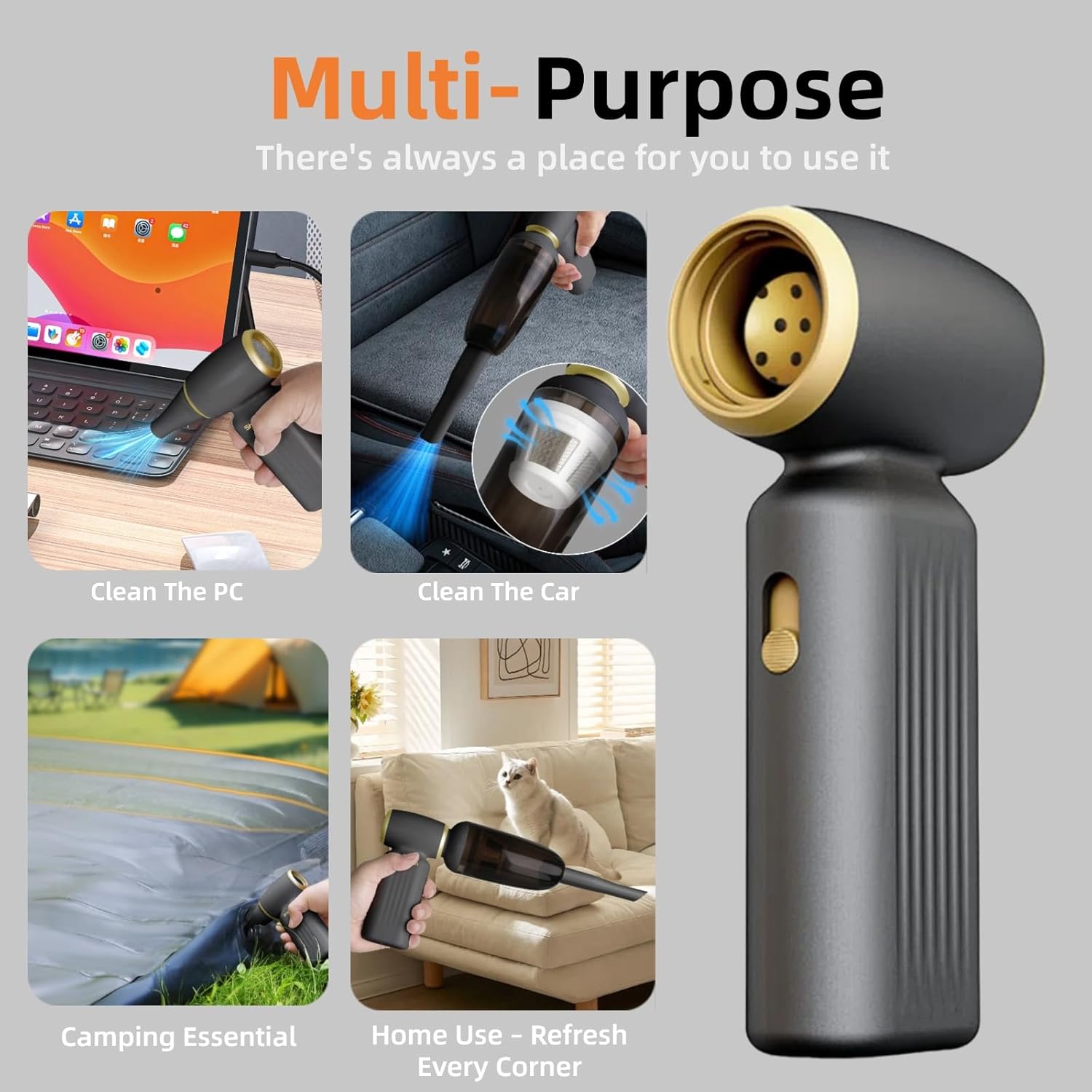 Compressed Air Duster and Vacuum, 130000RPM Cordless Electric Air Blower, 8000mAh Rechargeable Dust Mover for PC Keyboard, Car, and Home Cleaning