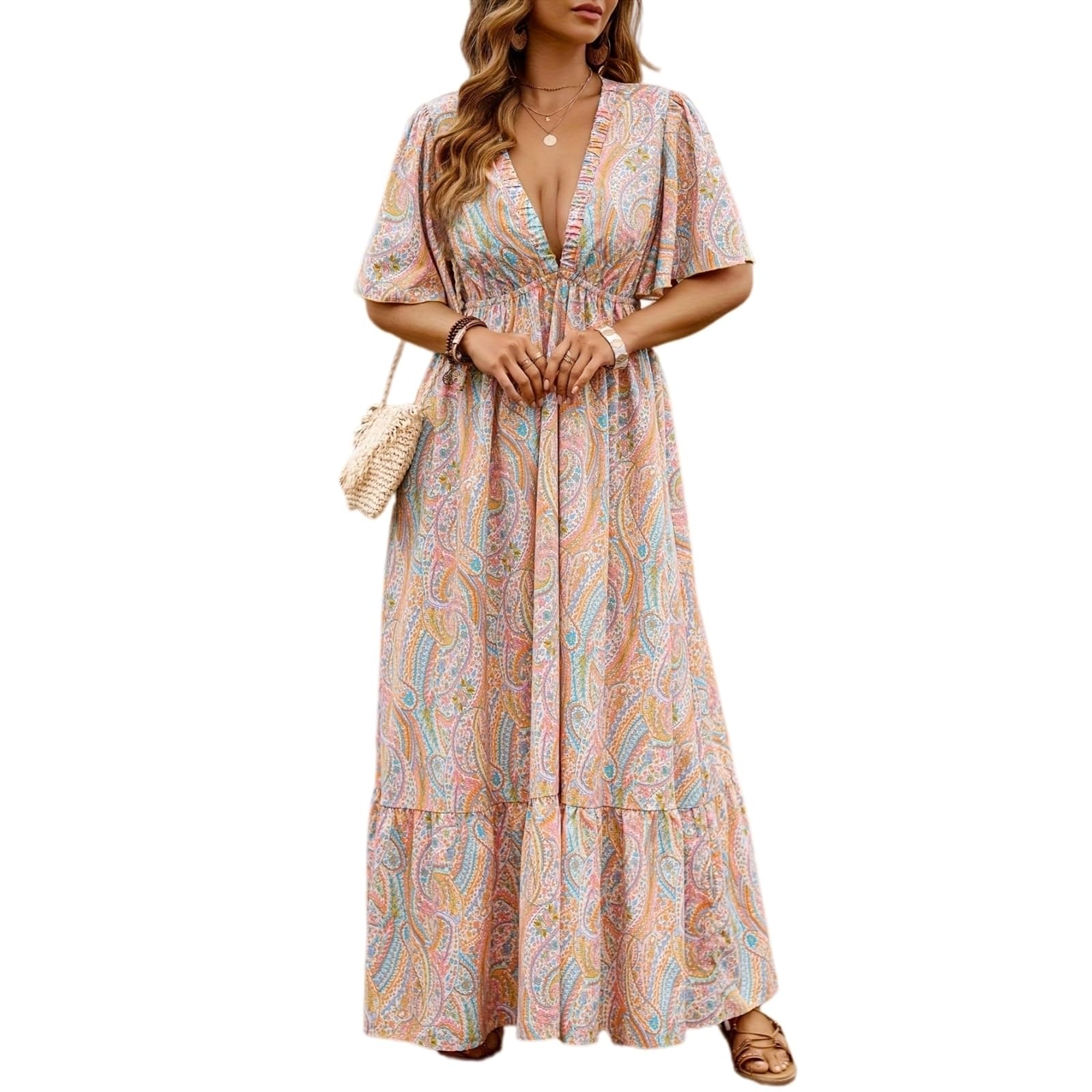 Vestito Plus Size Donna Midi Abito, V Collo Sciolto Abito Casual per Indossare Vacanze Primavera Estate-pink-5xl