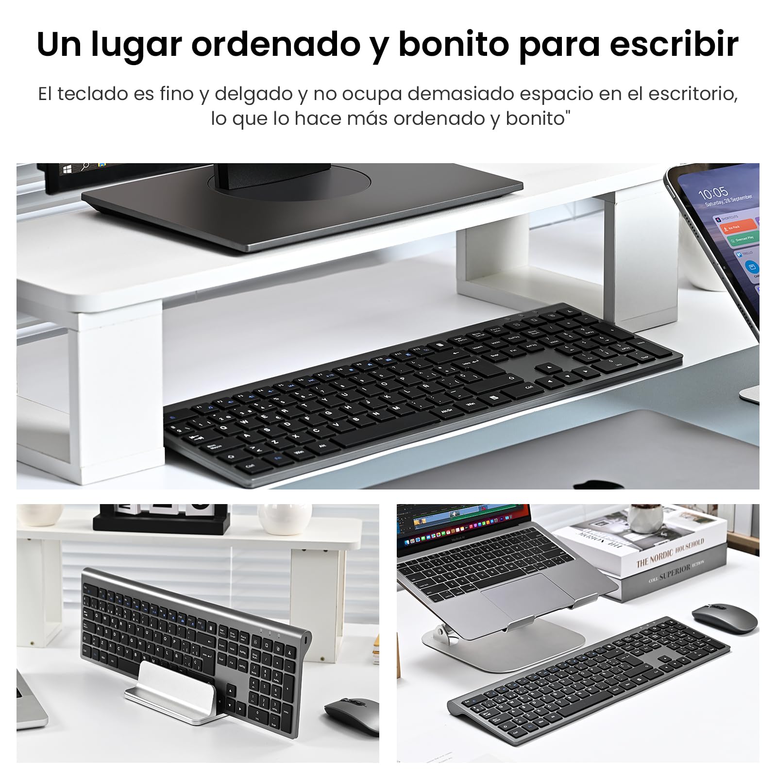 Combo Teclado y Ratón Inalámbrico- cimetech Teclado y ratón Recargable 2.4G, QWERTY Español Layout, Teclado de diseño ergonómico, Ultrafino para Ordenador/PC/portátil/Windows 10/8/7(Gris)