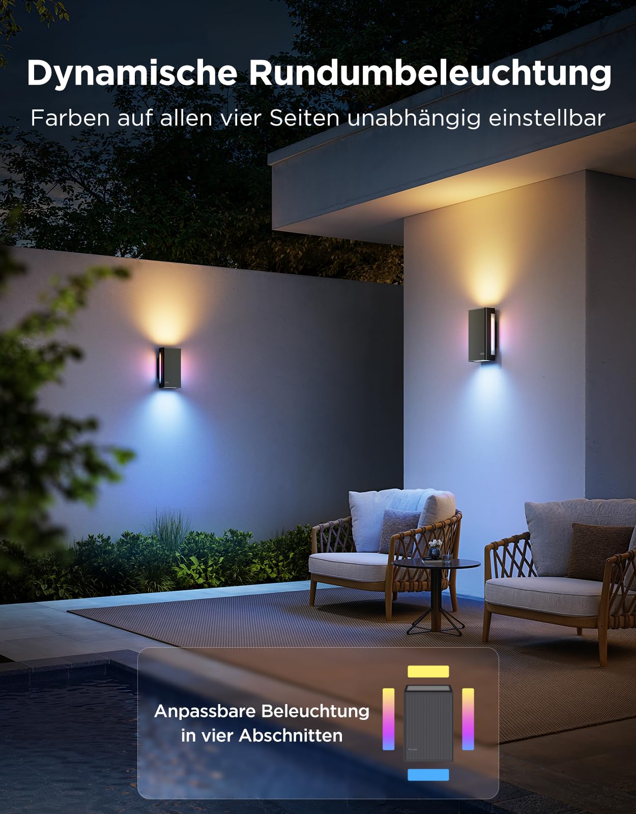 Govee Outdoor UpDown Wandleuchte, 1400lm RGBICWW Wandlamp, IP66, 2 Stück | 2700K–6500K UpDown Außenwandleuchte mit 64 Szenen, DIY-Farben, Funktioniert Matter/Alexa/Google, Veranda, Balkon, Terrasse