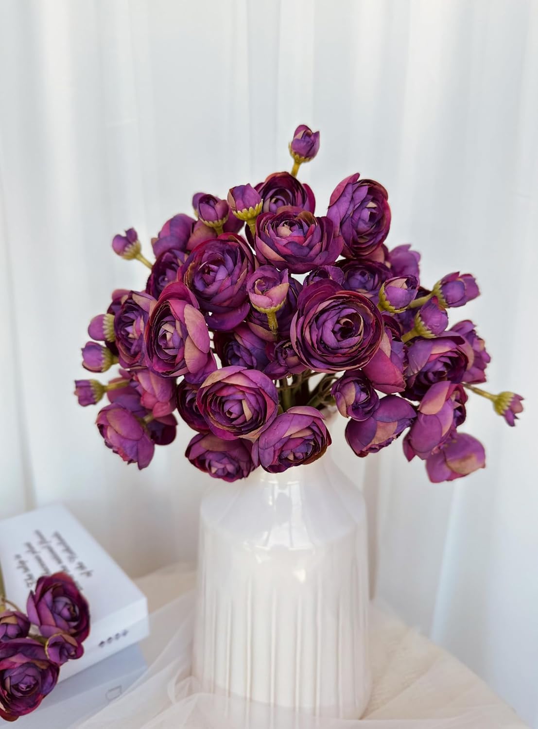 Ranunculus Artificial Flowers (Purple, 18 Pieces), Silk Mini Bouquets for Home Decor, Wedding, Table Centerpiece and Bridal Shower Decorations, DIY Bulk Faux Floral Arrangements