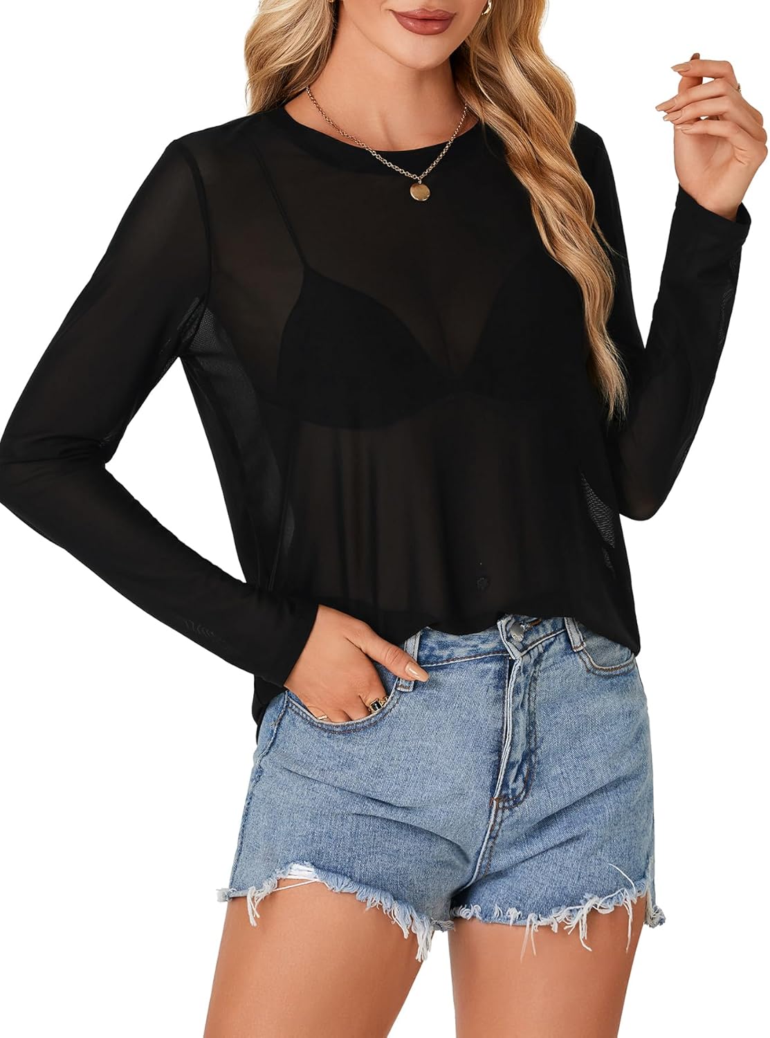 LYANER Women's Sheer Mesh Long Sleeve Round Neck Sexy See Through Blouse Shirt Top - Image 4