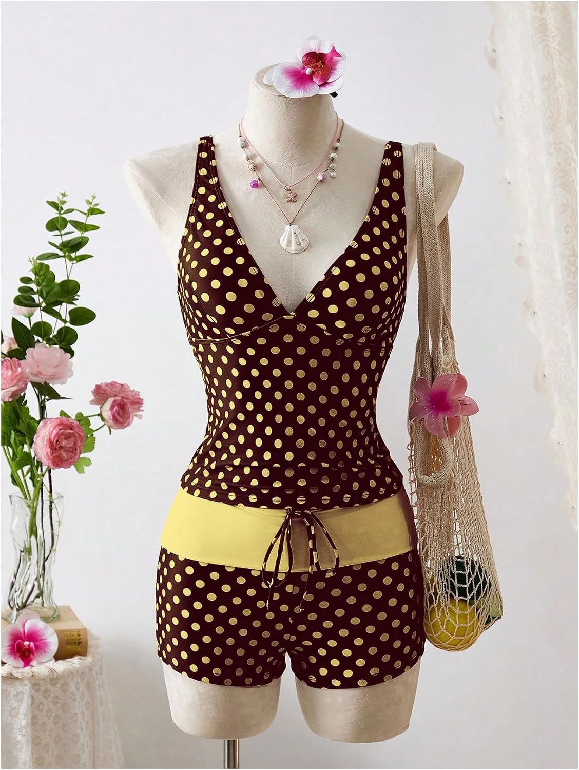 MakeMeChic Women's 2 Piece Tankini Swimsuits Polka Dots Swimsuit Tummy Control Bathing Suit with Shorts