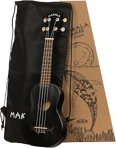 Kala Makala Blacktip Satin Soprano Shark Ukulele with Custom Ukulele Tote Bag (MK-SS/BLK)