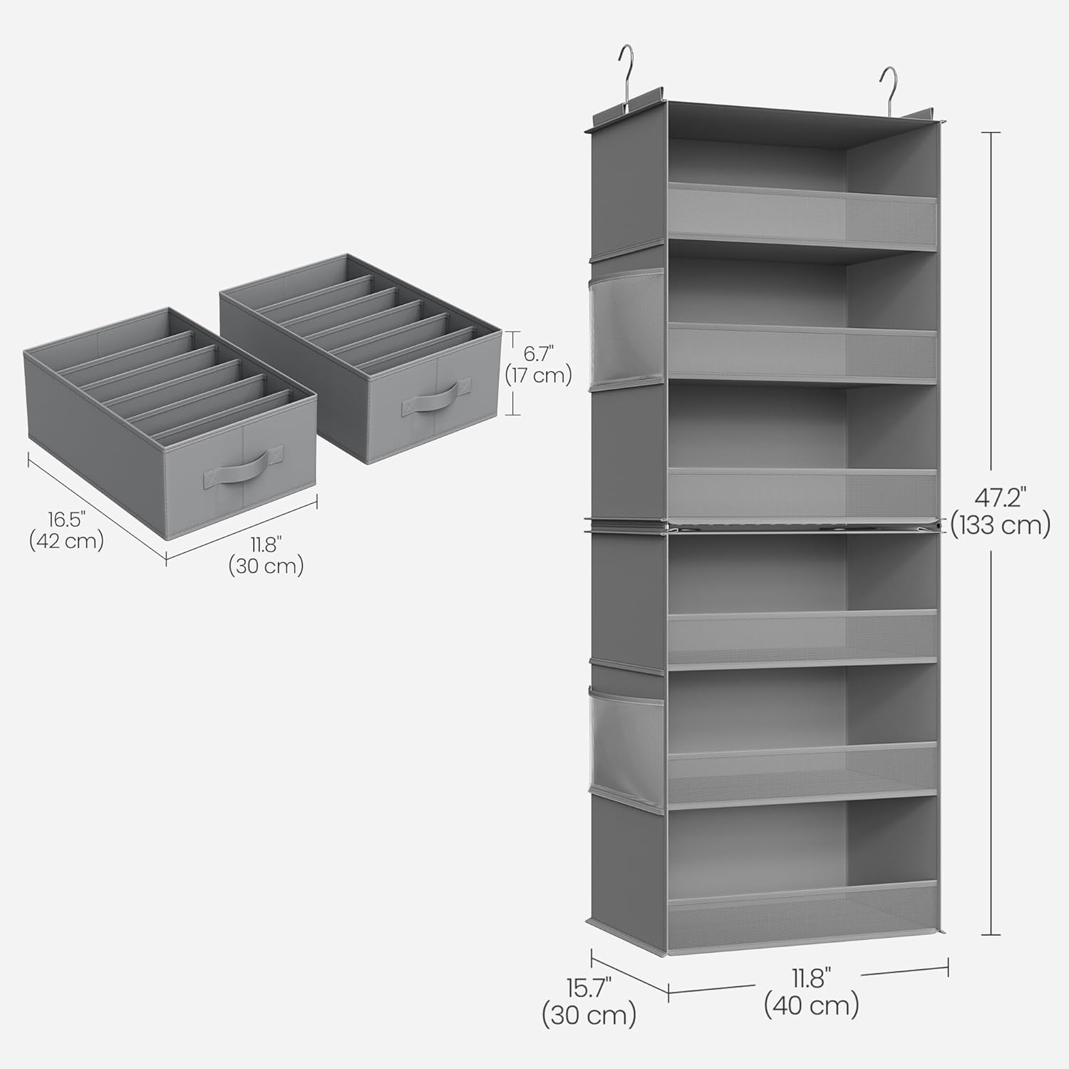 SONGMICS 6-Tier Fabric Storage Shelf Bundle with Set of 2 Large Size Wardrobe Clothes Organizers, with Side Pockets and Hooks, for Pants, Sweaters, Jeans, Dove Gray URCH007G01 and URUS009G02