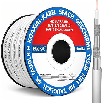 Germany Best Coaxial Cable 100 m SAT Cable 4 K Ultra HD Class A+ DVB-S/S2 DVB-C DVB-T BK Systems 5x Shielded 135dB