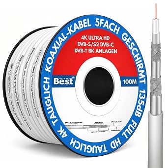 Germany Best Coaxial Cable 100 m SAT Cable 4 K Ultra HD Class A+ DVB-S/S2 DVB-C DVB-T BK Systems 5x Shielded 135dB