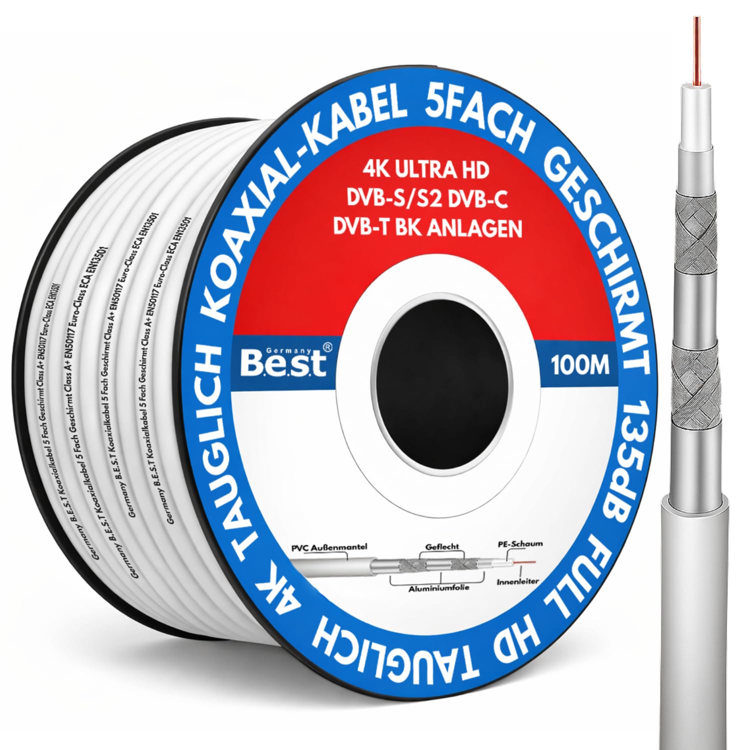 Germany B.e.s.t Cavo coassiale 100 m SAT | 4K Ultra HD | Classe A+ | Impianti DVB-S/S2 DVB-C DVB-T BK | 5 schermati | 135dB