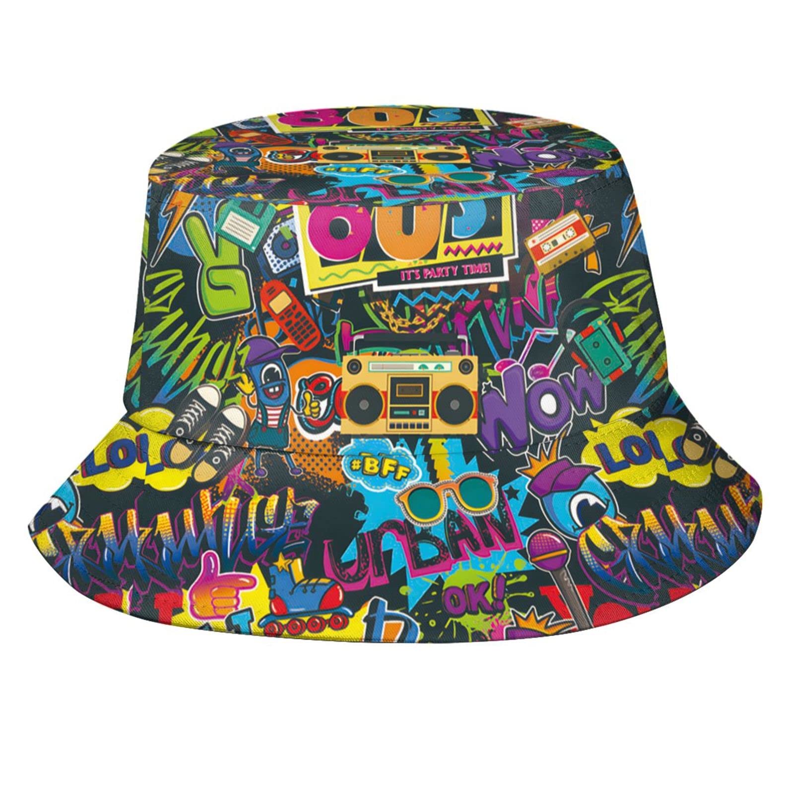 LVGOOKIFunny Retro 80s 90's Style Design Summer Unisex Reversible Print Bucket Hat