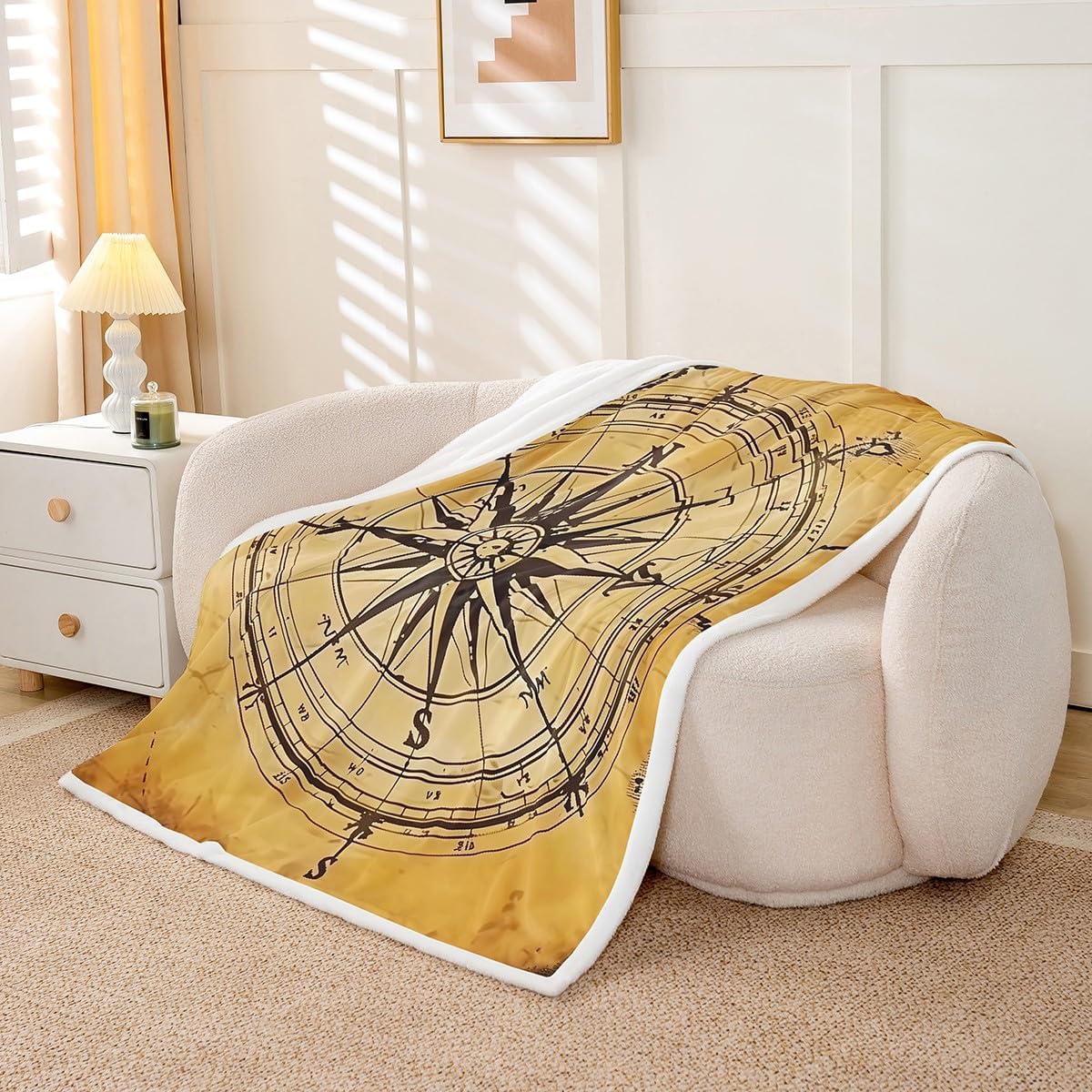 Erosebridal Compass Throw Blanket Nautical Theme Twin 60"X80" Fleece Blanket for Kids Boys Girls Bed,Sea Adventure Sherpa Blanket Old Vintage Nautical Plush Bed Blanket Room Decor
