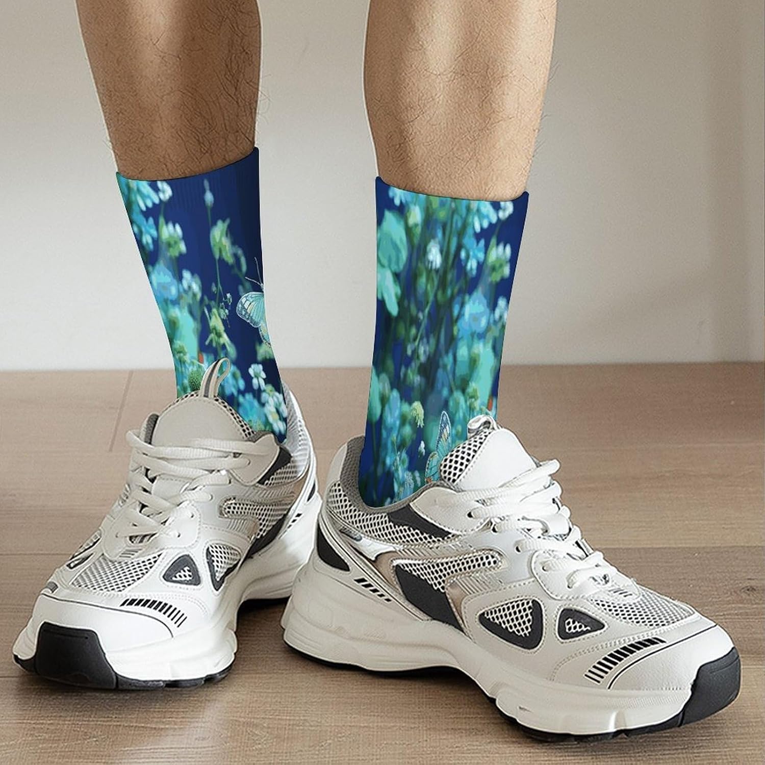Green Butterfly And Blue Flowers Crew Sock High Stocking Grippy Socks | Socks for Men & Women,Stockings-Long Thin Tube Sports, Breathable Soft Athletic for Nurses,Travel