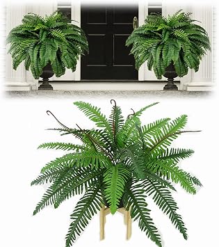 Uv Resistant Lifelike Artificial Boston Fern, Artificial Ferns for Outdoors, Faux Ferns Fake Ferns Artificial Plants, Fake Boston Fern for Porch Window Home Decor 4-core 39-Leaf Kidney Fern