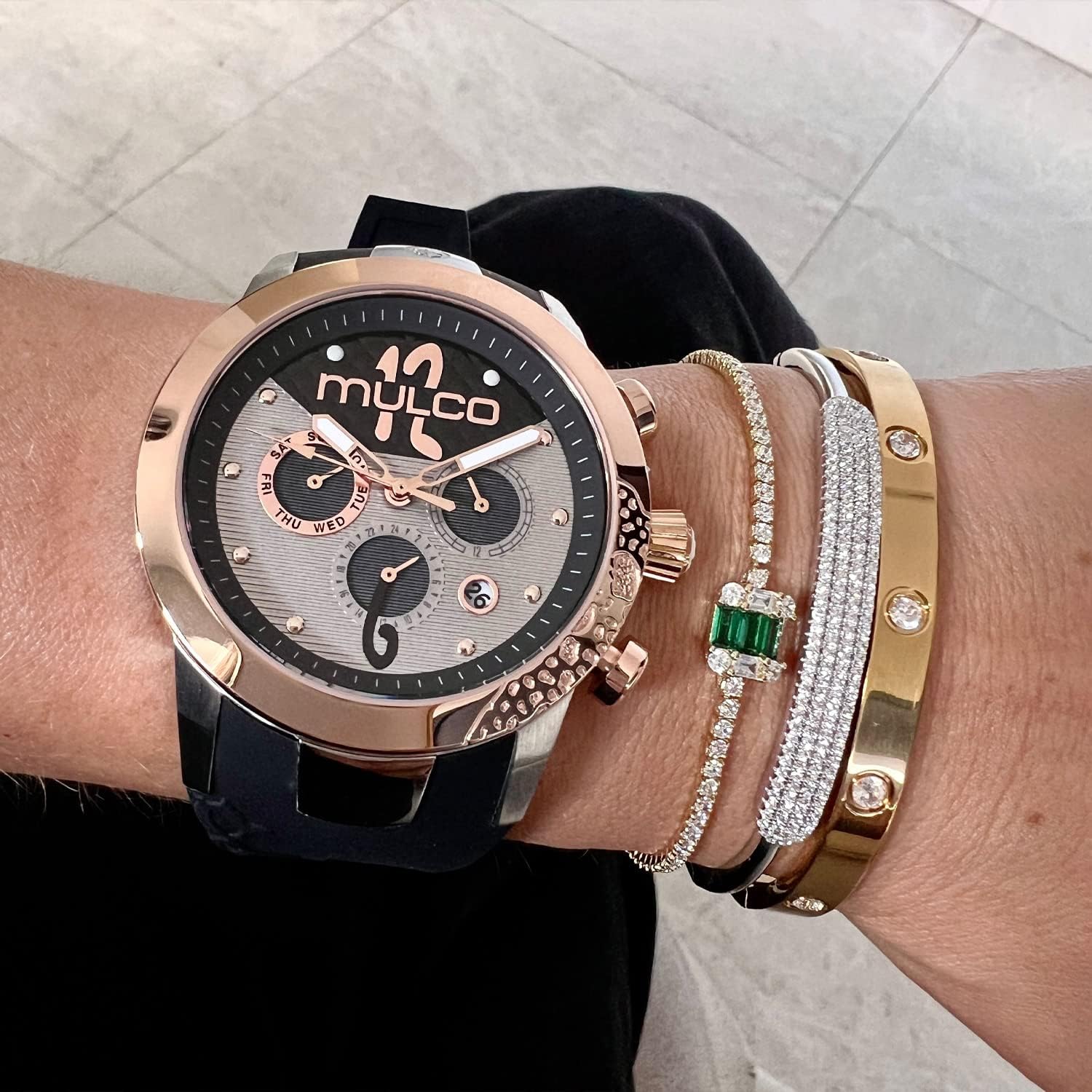 MULCO Watches for Women - Lady D - Silver Stainless Steel Case with Wrist Silicone Band, Large Face with Mother of Pearl and Rose Gold, Quartz Analog Movement, Waterproof - Inspired by Magic