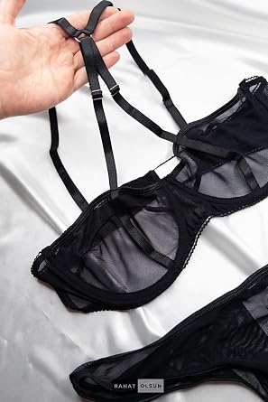 Cross Strap Transparent Tulle Underwire Black Women Babydoll Garter Set