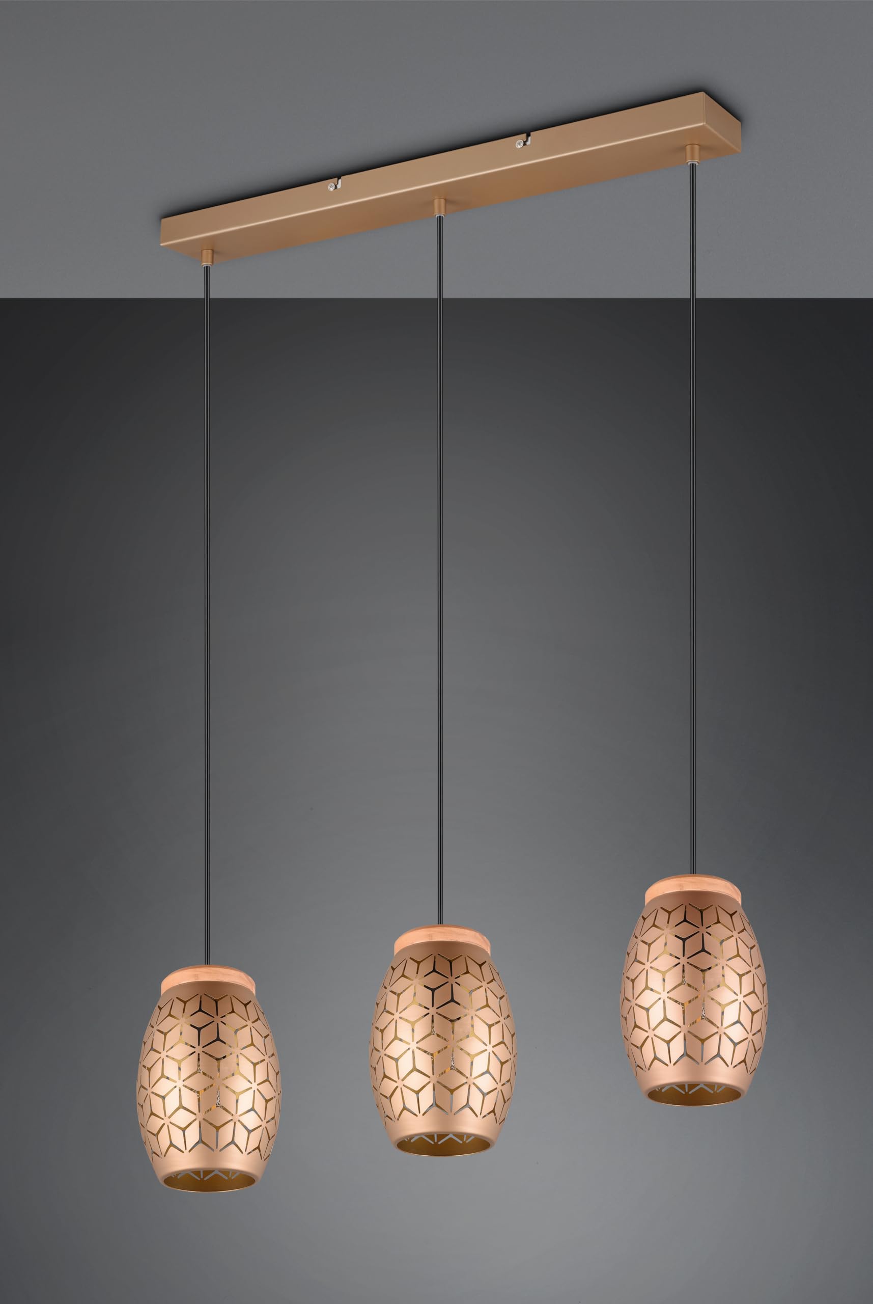 Reality Leuchten Pendelleuchte Bidar R31573065, Metall Coffee/Goldfarbig, Holz naturbelassen, exkl. 3x E27