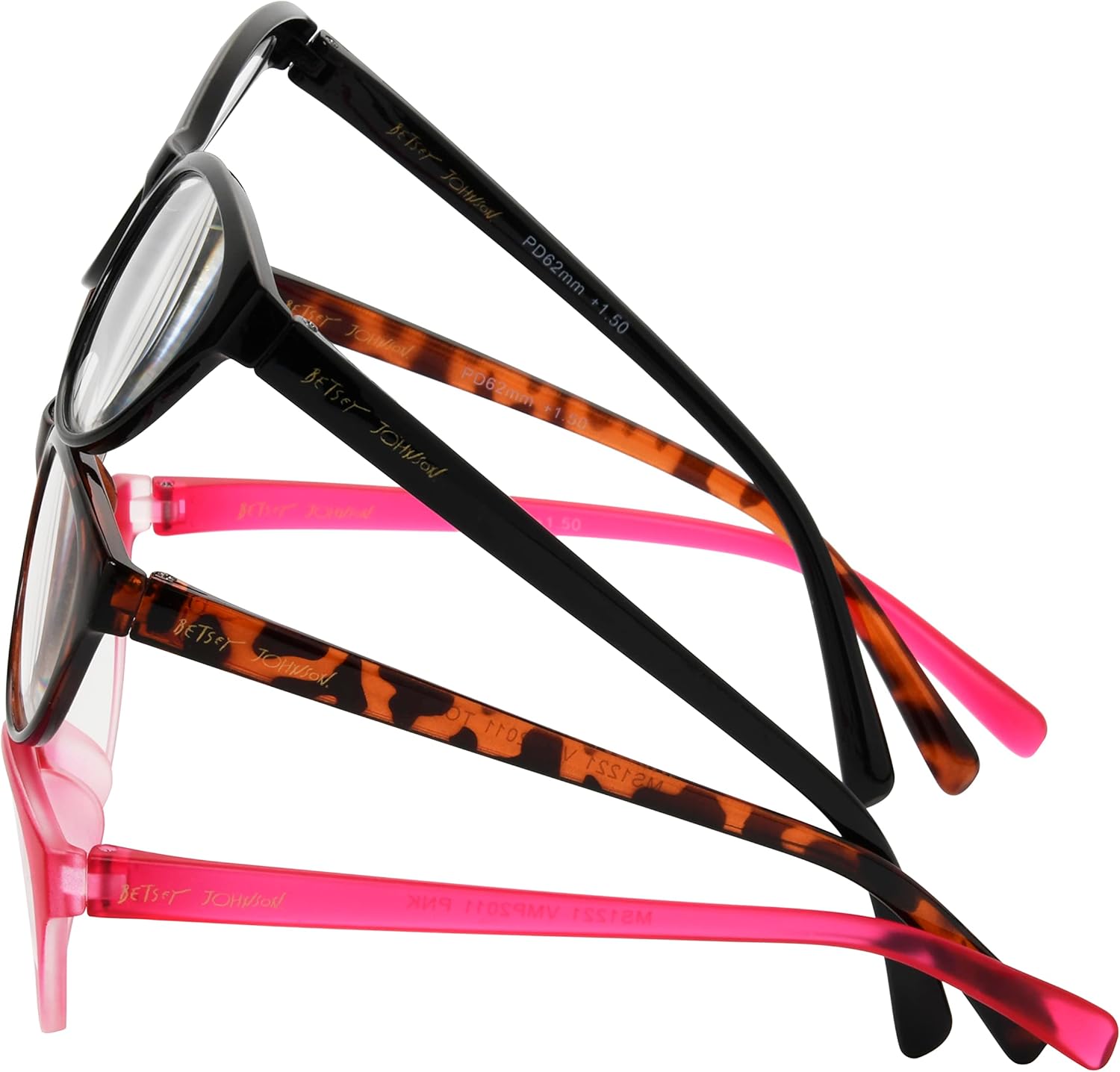 Betsey Johnson Women's Fairisle 3 Pack Reading Glasses Cat Eye, Black, Tortoise, Pink Gradient, 1.5X + 1.5 - Image 5