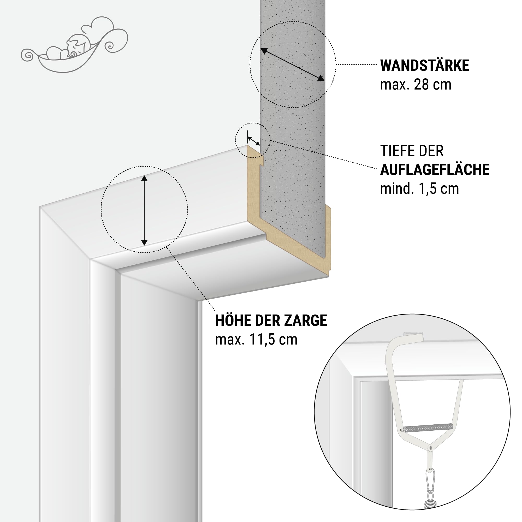 SCHMUSEWOLKE Federwiege Bio Air Grey - Set mit Türklammer - Hängematte für Babys ab Geburt und Kleinkinder - Bio-Baumwolle - Mit Schafwollmatratze