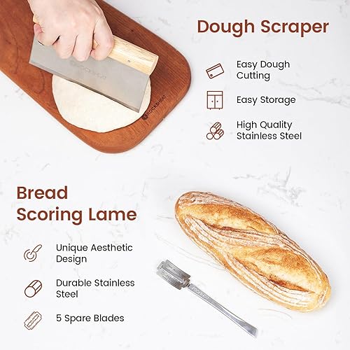 Miniatura 10 de ROCKSHEAT Banneton - Juego de cesta para hornear pan, kit de iniciación de masa madre, herramientas para hornear pan de masa madre, cesta redonda de