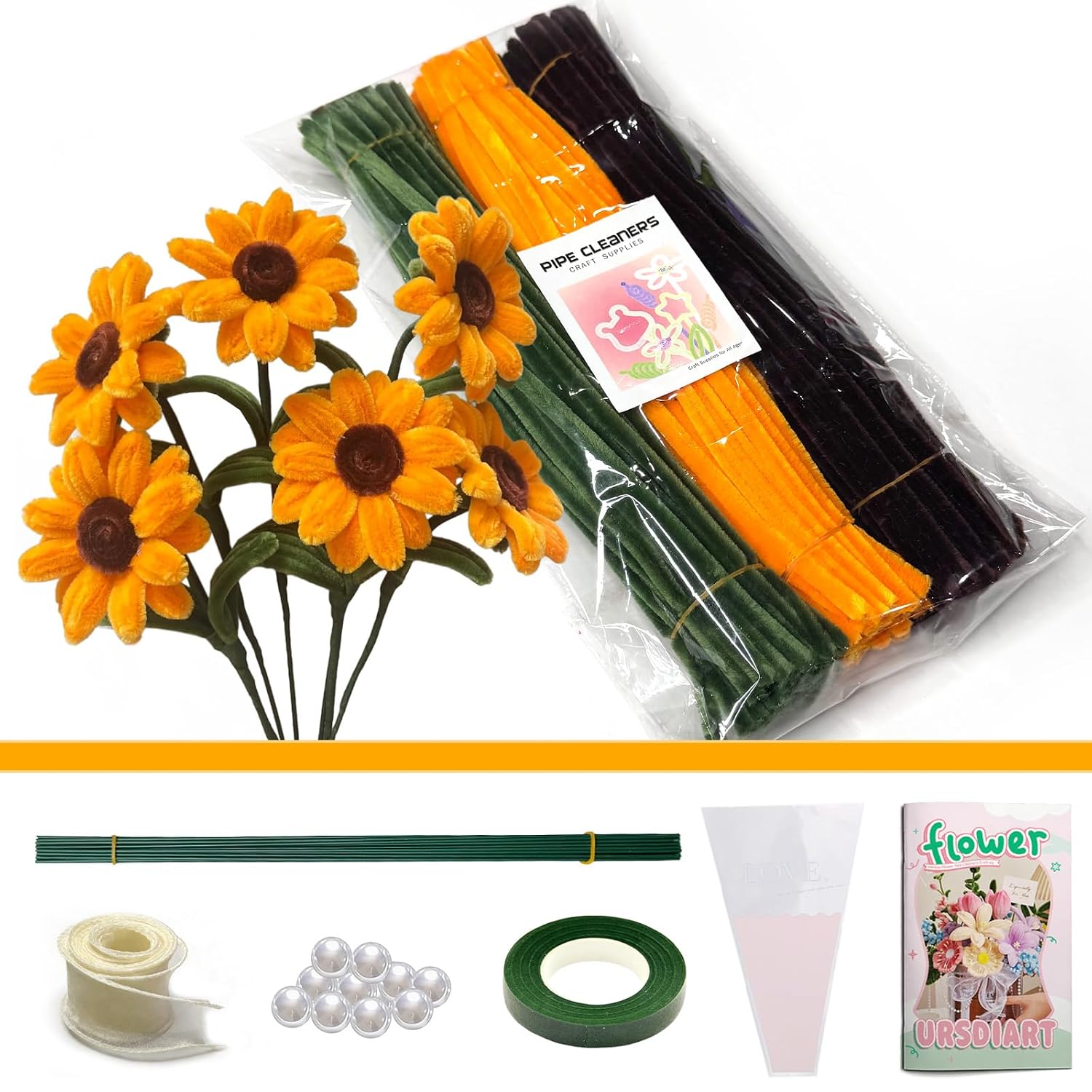 Pipe Cleaners Craft, Pipe Cleaners Flowers Kit with Instruction, 3 Colors Pipe Cleaner Bulk Flower Making Kit for Arts DIY Craft Supplies with Flower Wire,Tape, Stame (Sunflower)