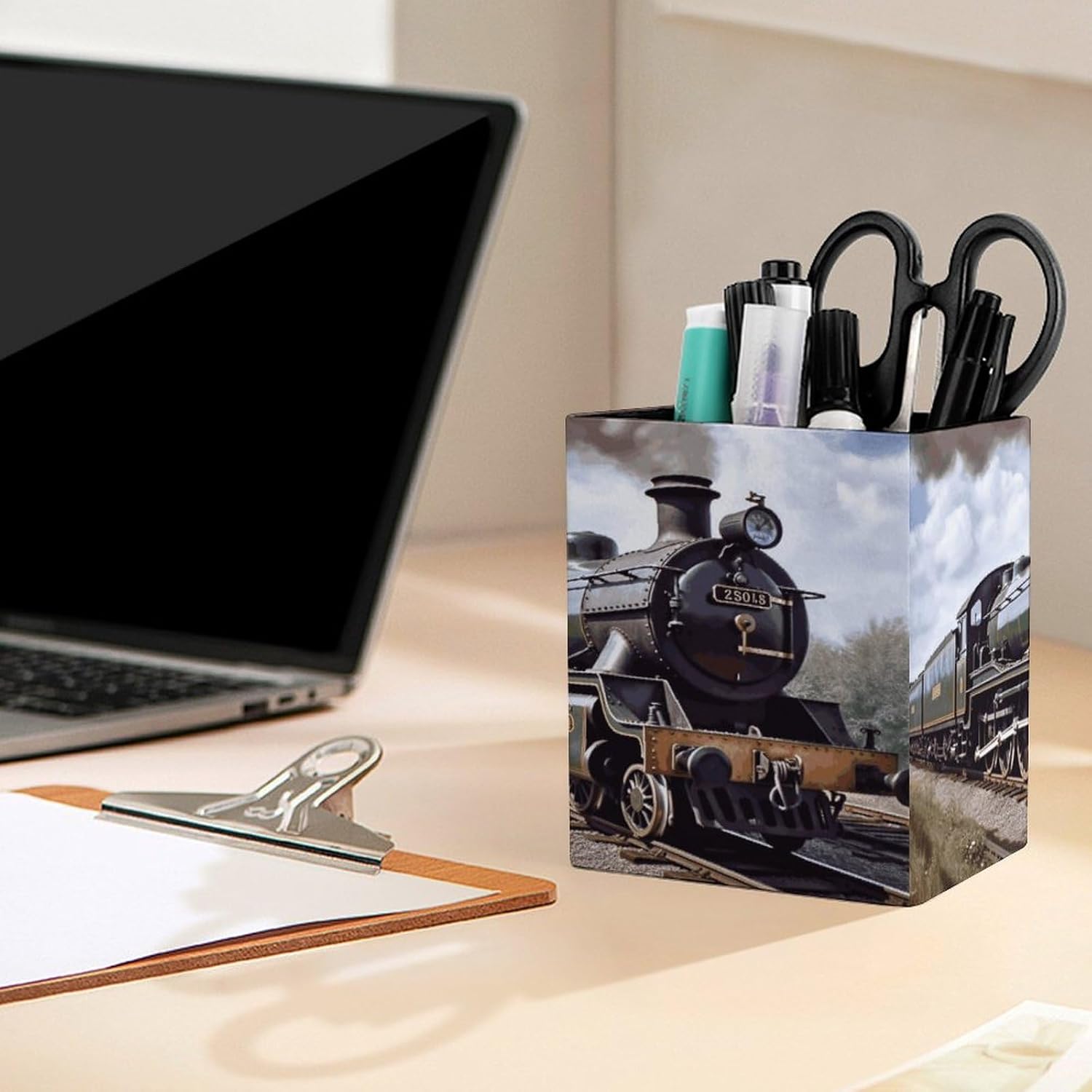 Square Pen Holder Steam Locomotive Train Desk Organizer Pencil Cup image 5