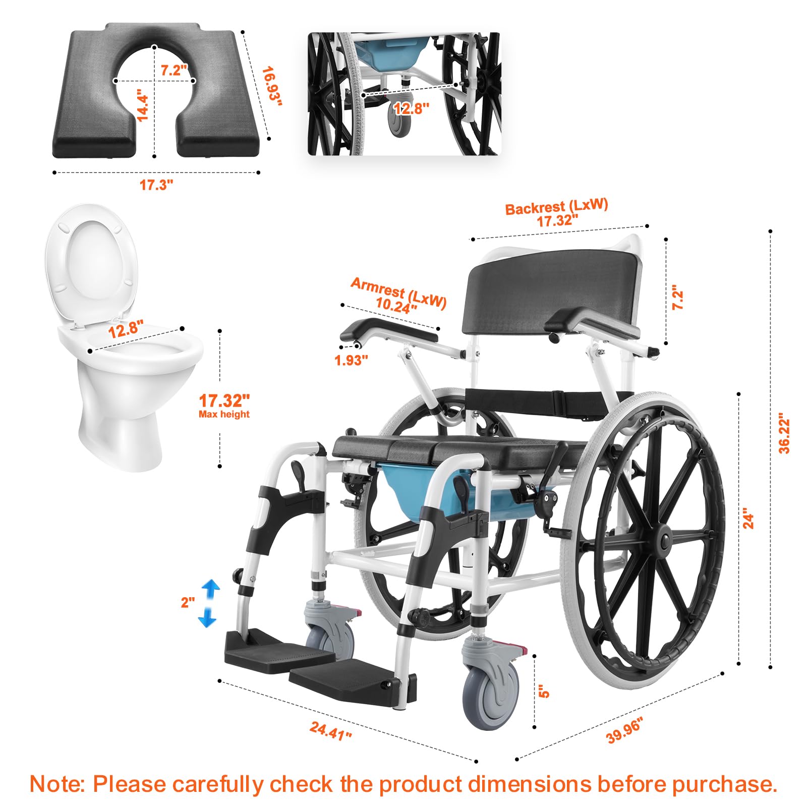 VEVOR Sedia a Rotelle per Doccia, Bagno per Adulti Disabili, Sedia in Alluminio per Doccia Rotolante Regolabile con Freno Capacità 136 kg Larghezza 440 mm Sedia da Trasporto per Comoda da Doccia