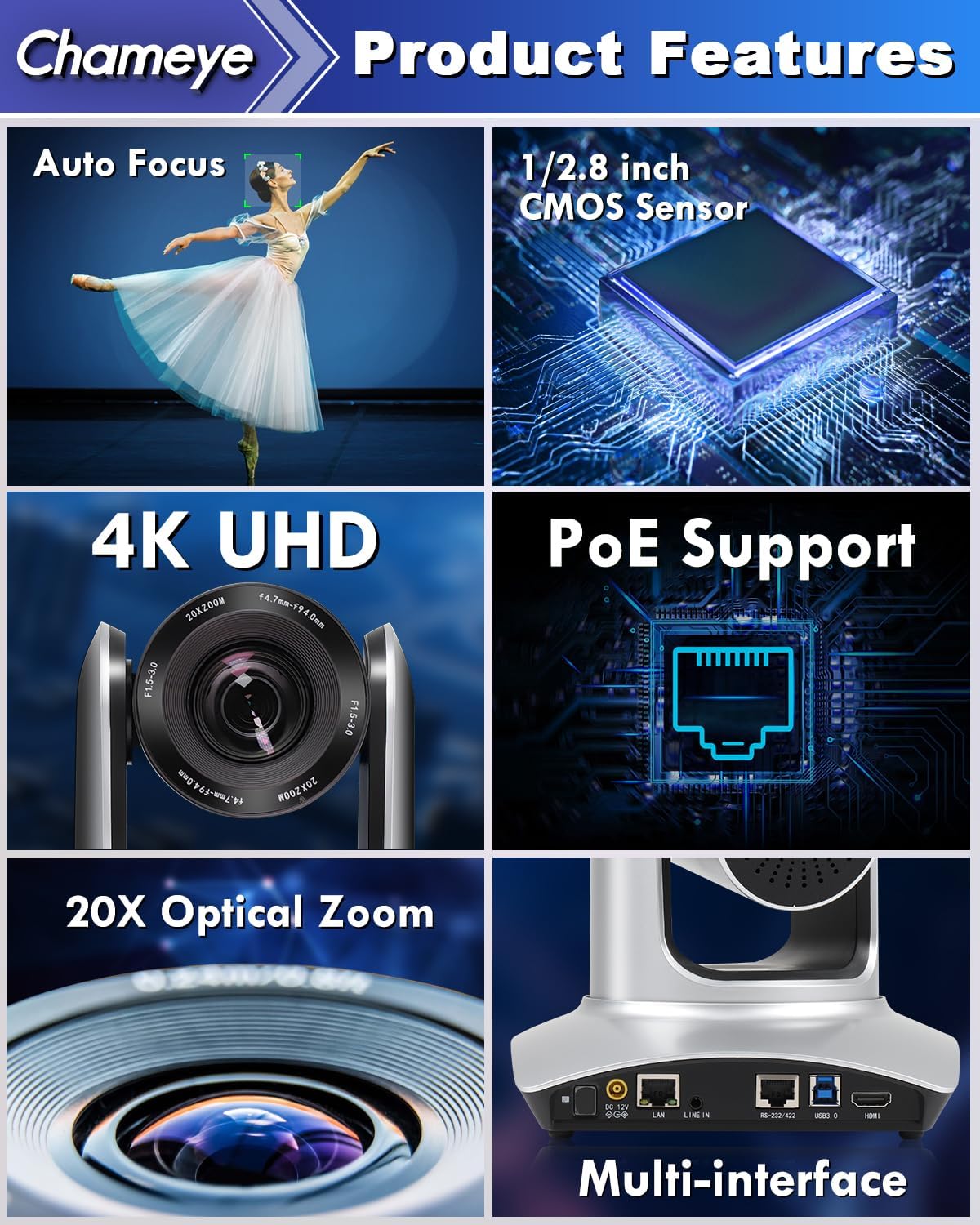 Key features of the Chameye C420 PTZ Camera: Auto Focus, 1/2.8 inch CMOS Sensor, 4K UHD, PoE Support, 20X Optical Zoom, Multi-interface.