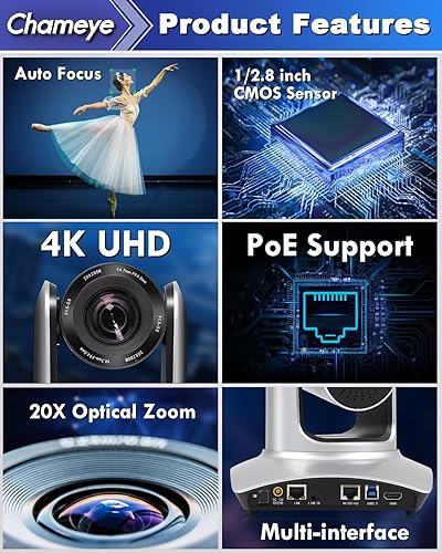 Miniatura 4 de Chameye Cámara PTZ 4K 20X Zoom óptico, PTZ cámara de sala de conferencias 4K, IP/PoE/USB3.0/HDMI, cámara de transmisión en vivo para educación de