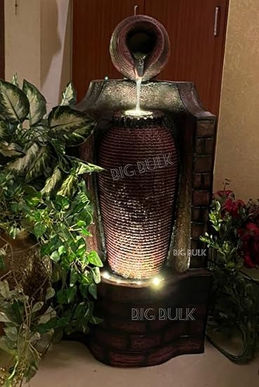 Big Bulk Brown Jug Fountain Fiber Fountain with Led Lights for Home Decor Office Decoration Gifting Garden Fountain Indoor Fountain Outdoor Fountain (33 x 33 x 68 cm)
