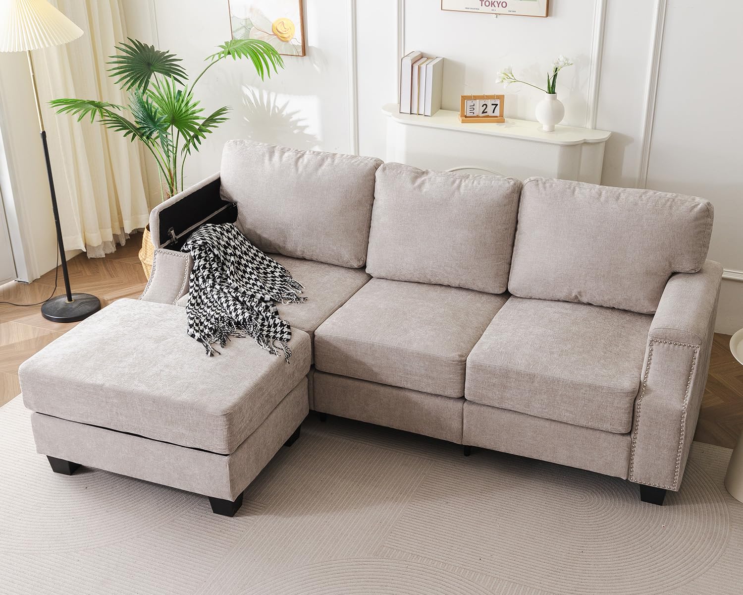 Rukefo 85 inch Sectional Sofa Couch with All Seat Storage in Khaki