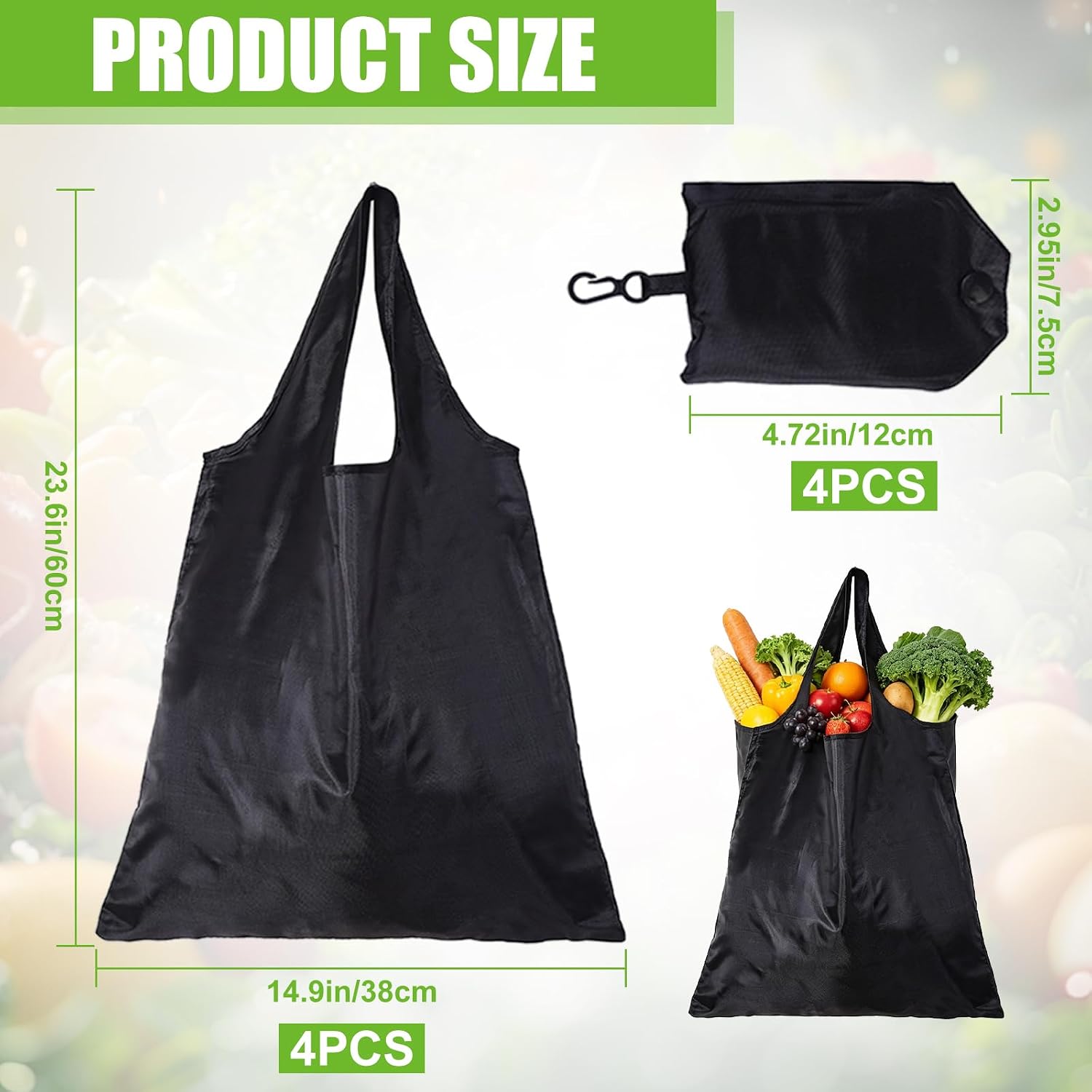 Pack of 4 Foldable Shopping Bags, 38 x 60 cm, Portable Bags, Reusable Folding Bags, Eco Friendly Washable with Hook, for Shopping and Travelling (Black) image 4