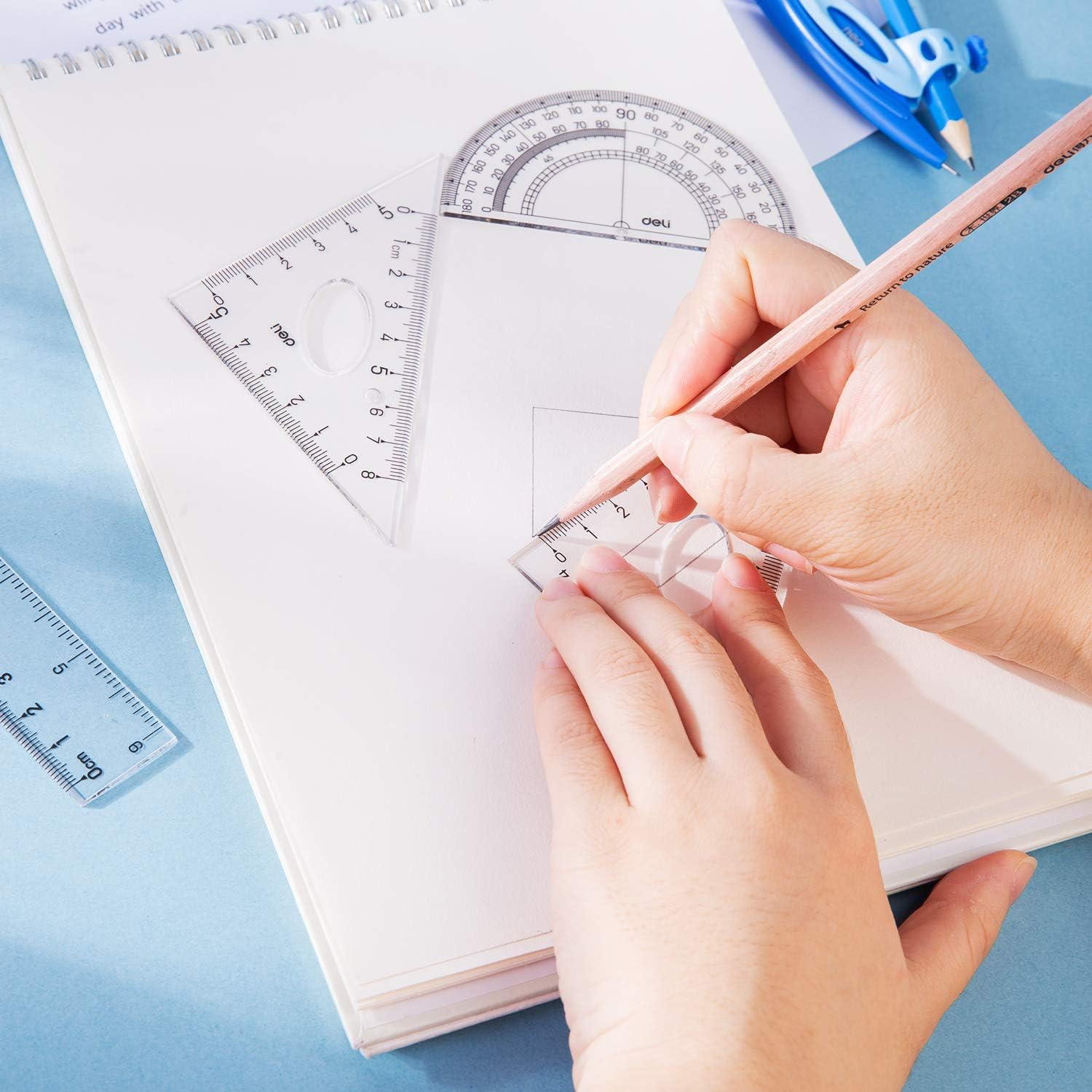 Deli 8 Pieces Math Geometry Kit Set, Compass Set for Students, Includes Rulers, Set Squares, Protractor, Compass, Pencil, Pencil Sharpener, Eraser, Blue