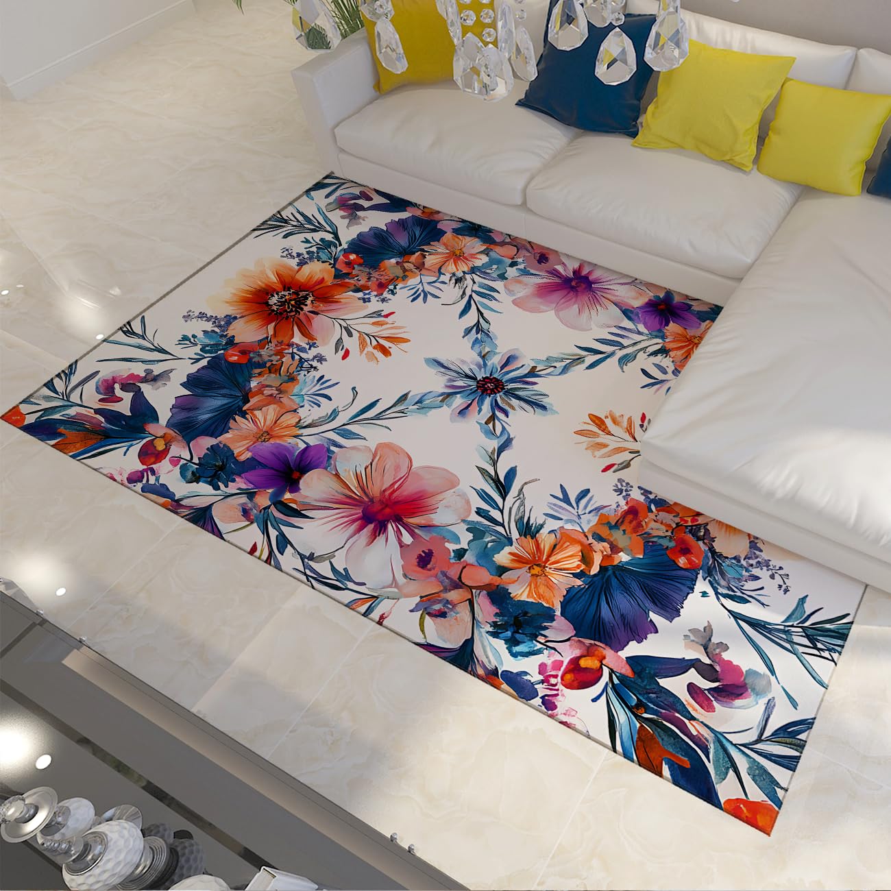 Tapis lavable fleurs bohèmes 150x210cm aquarelle pour salon et maison