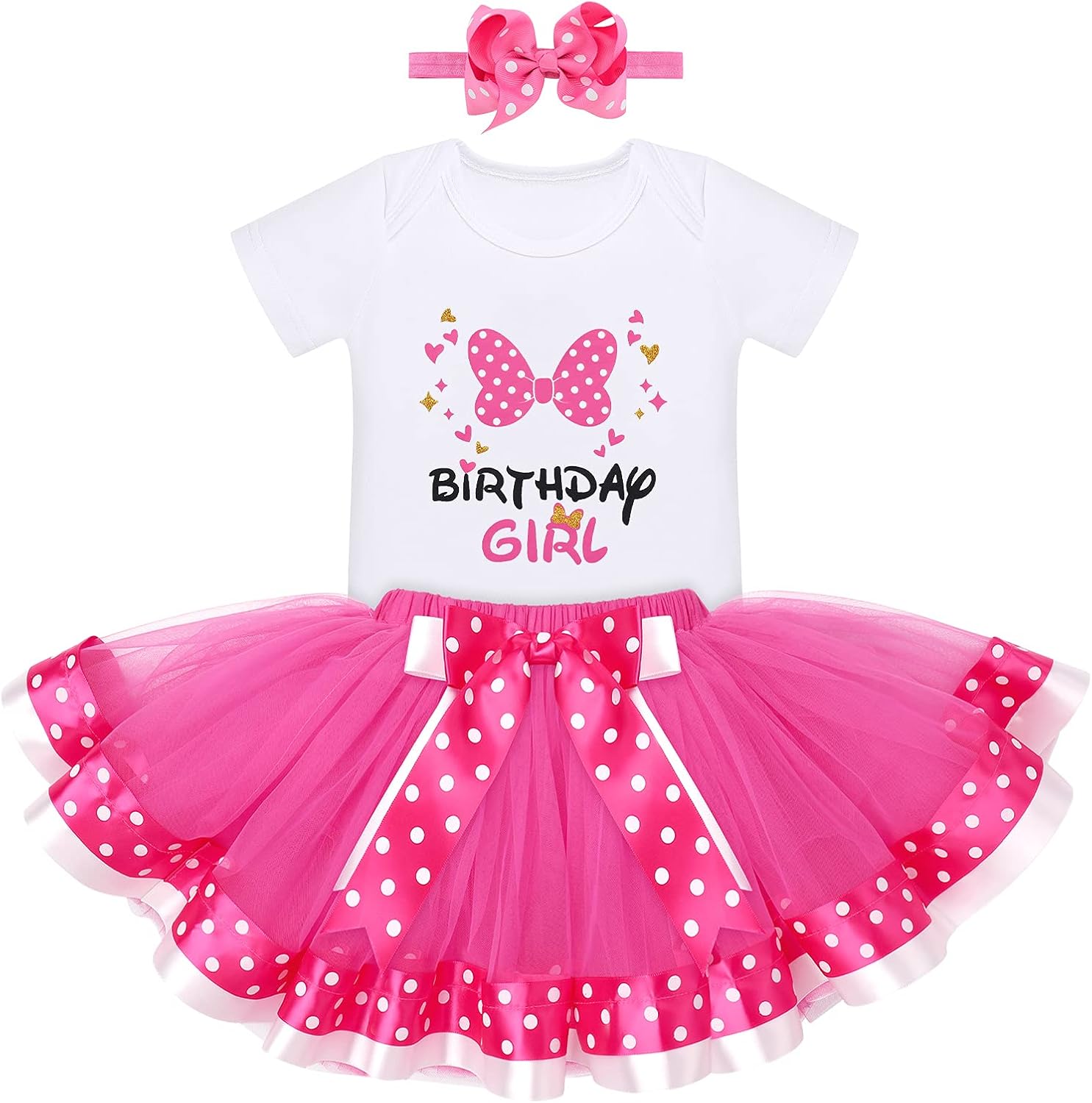 Baby Girls Half 1st 2nd Birthday Outfit Romper Polka Dots Tutu Skirt Mouse Bowknot Headband for Cake Smash Photo Shoot